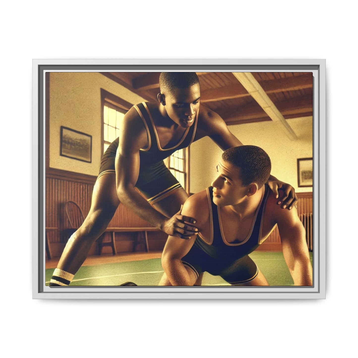 Framed canvas artwork inspired by Grant Wood featuring African-American and European-American wrestlers in a vintage gymnasium. A tribute to unity, diversity, and regionalist art.