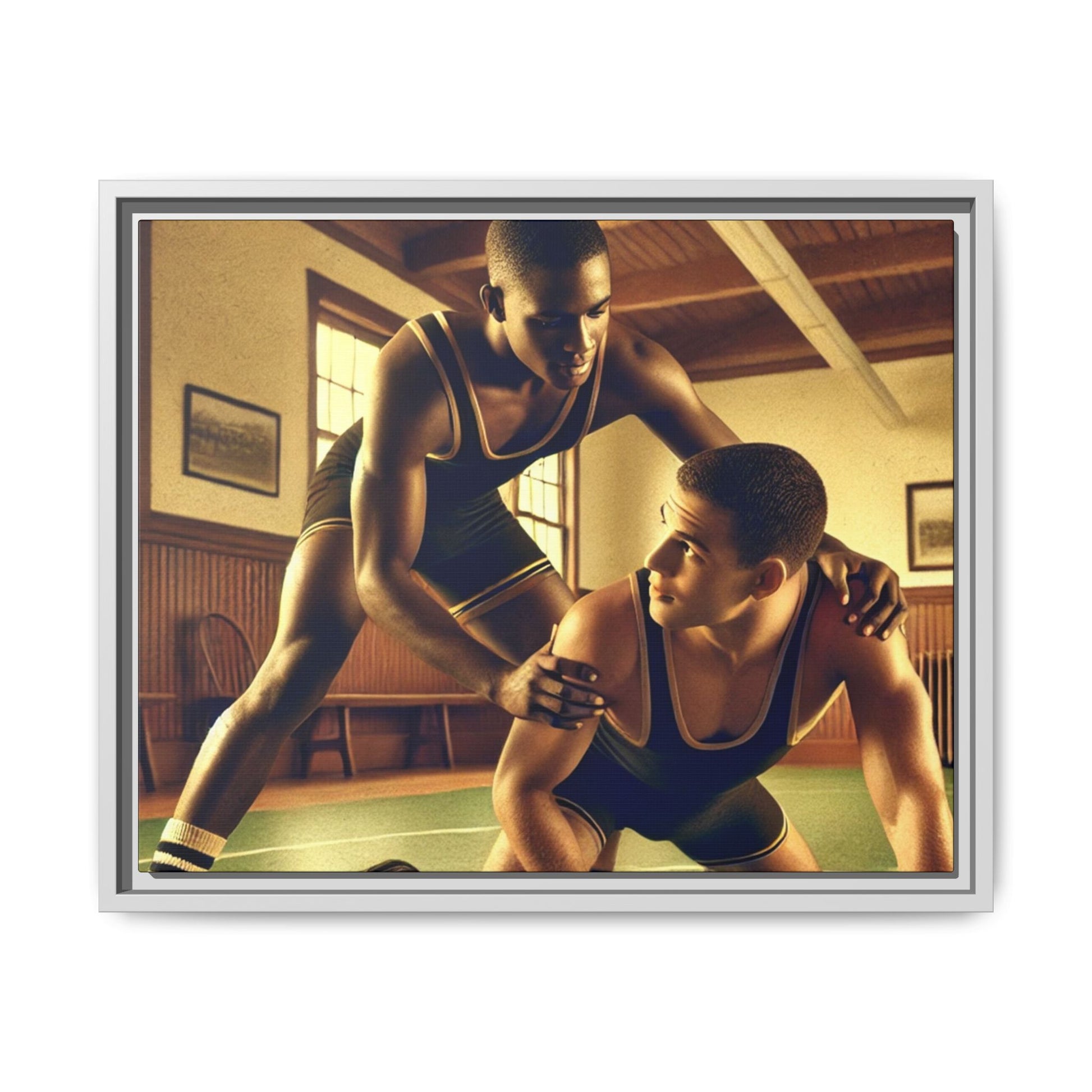 Framed canvas artwork inspired by Grant Wood featuring African-American and European-American wrestlers in a vintage gymnasium. A tribute to unity, diversity, and regionalist art.
