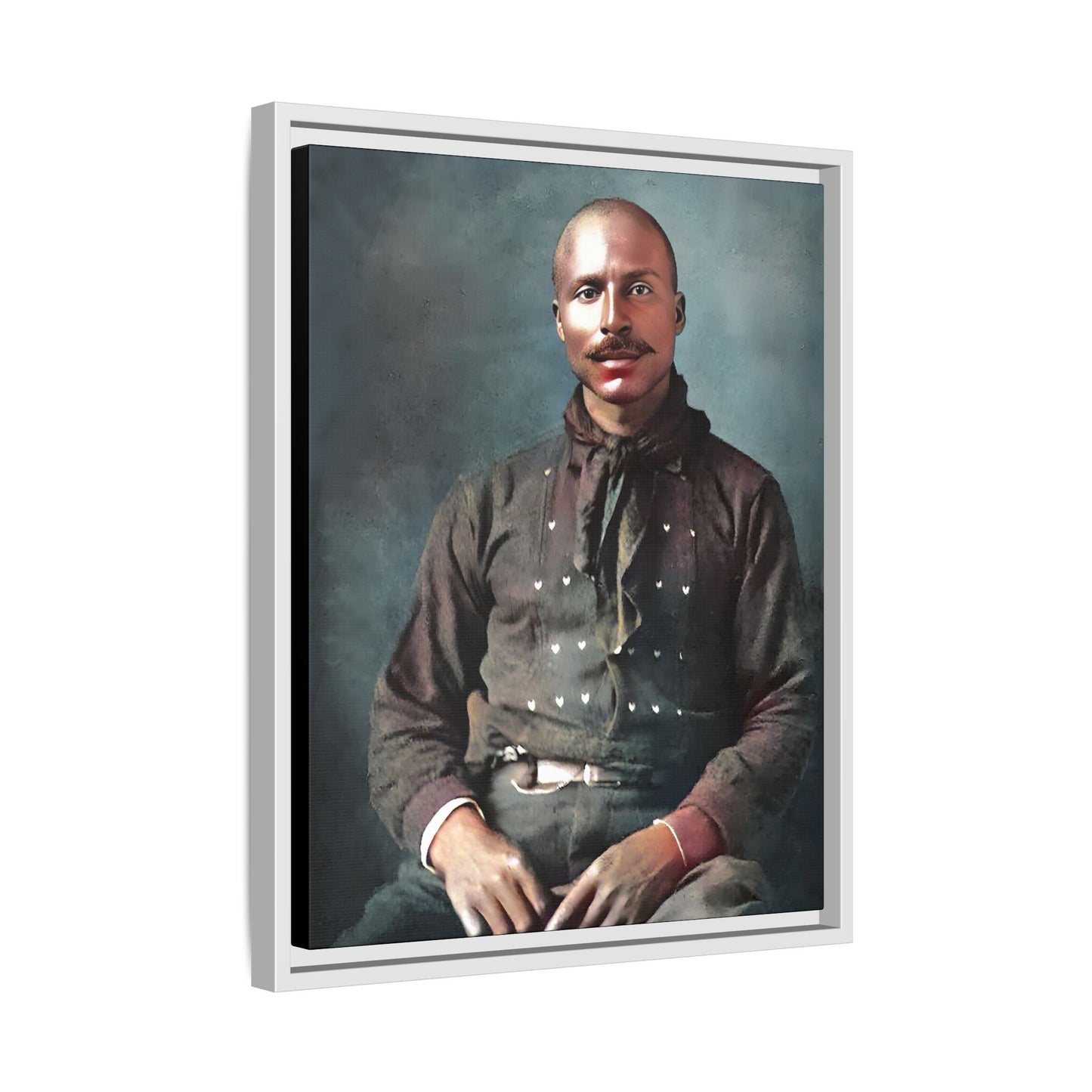 A vintage Western portrait of Jorge, capturing the rugged charm of the Old West in Mesa, Arizona. This framed matte canvas showcases resilience and classic cowboy style, perfect for rustic, Western, or Americana-inspired decor. Hispanic Latino