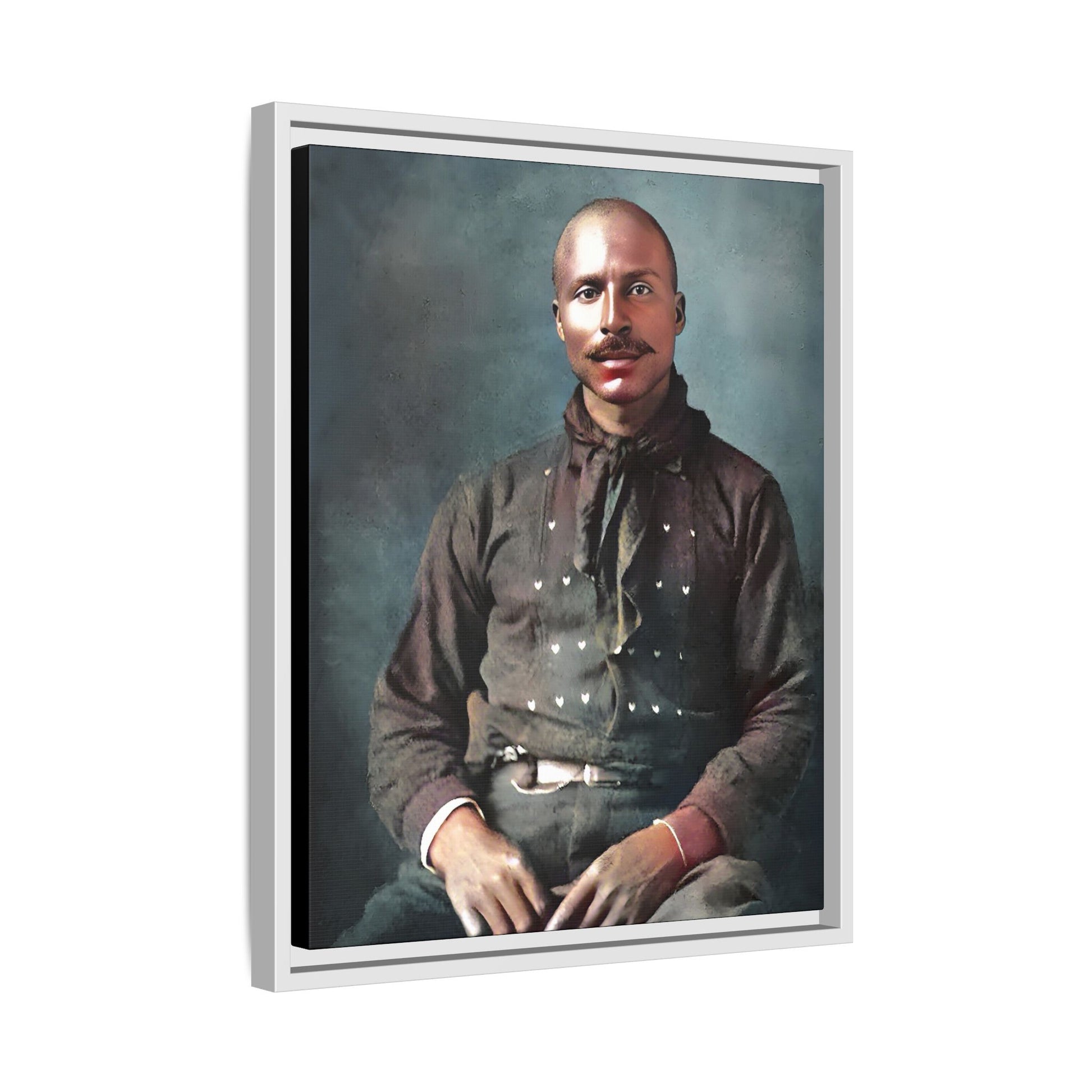 A vintage Western portrait of Jorge, capturing the rugged charm of the Old West in Mesa, Arizona. This framed matte canvas showcases resilience and classic cowboy style, perfect for rustic, Western, or Americana-inspired decor. Hispanic Latino