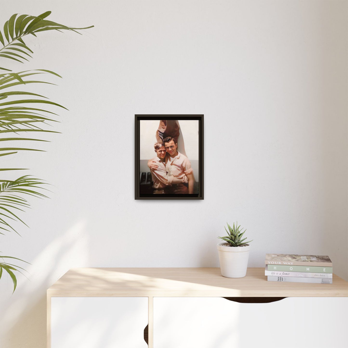 A framed vintage WWII-era portrait on matte canvas featuring Walter and Paul at Camp Shanks, NY, capturing love and resilience during wartime. Gay Couple
