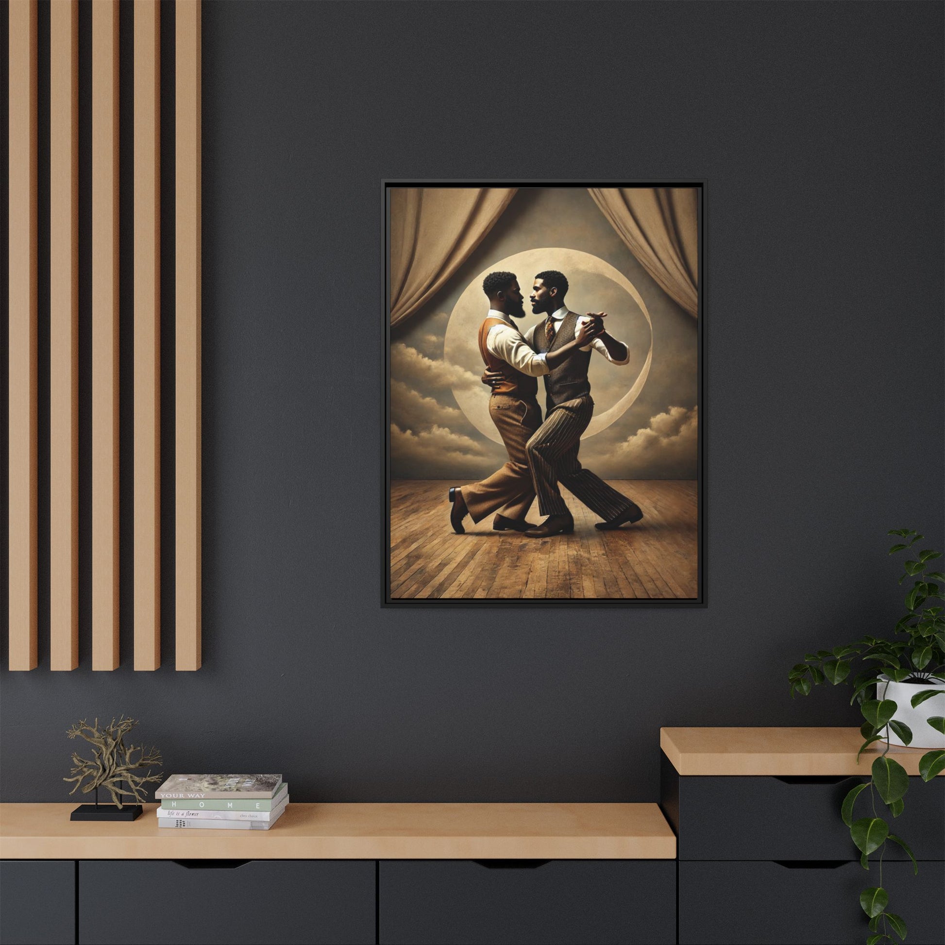 Original artwork of two Black men ballroom dancing in vintage 1920s suits under a glowing moon backdrop. A romantic and powerful tribute to queer love and Black history that reclaims moments lost to systemic bias and cultural erasure.