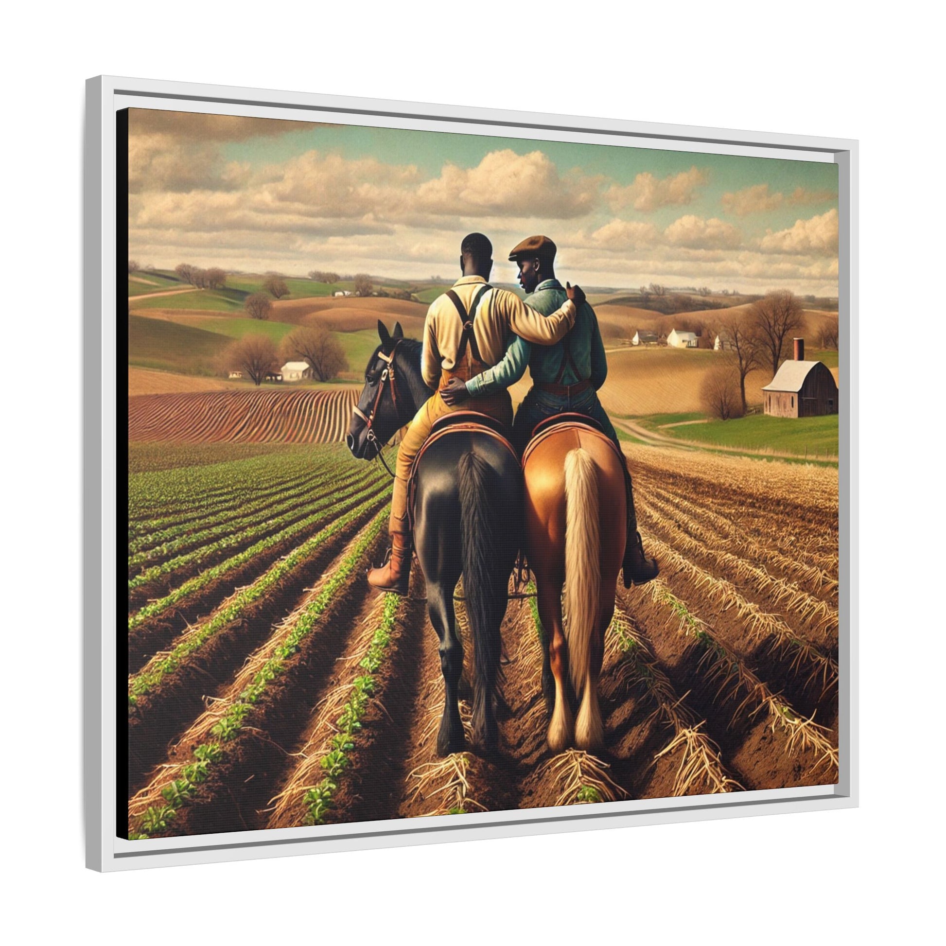 Artwork of an African-American gay couple riding horseback through expansive farmland, sharing a tender moment as they overlook lush fields. Dressed in rugged vintage attire, this scene captures resilience, love, and the charm of rural life, celebrating LGBTQ+ history and African-American heritage.