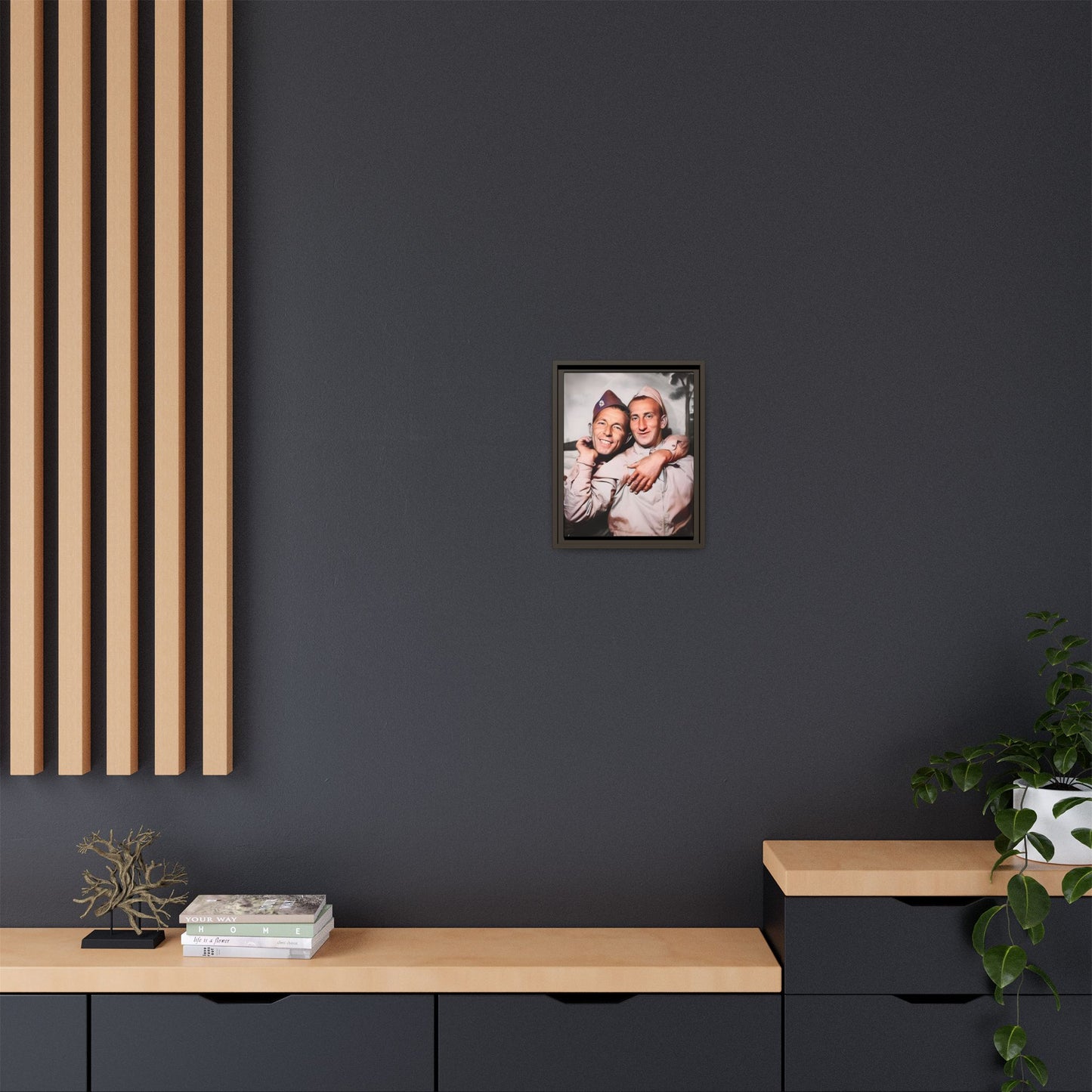 A framed vintage photo on matte canvas featuring a heartfelt portrait of a military couple at Fort Jackson, South Carolina, celebrating love and resilience in history.