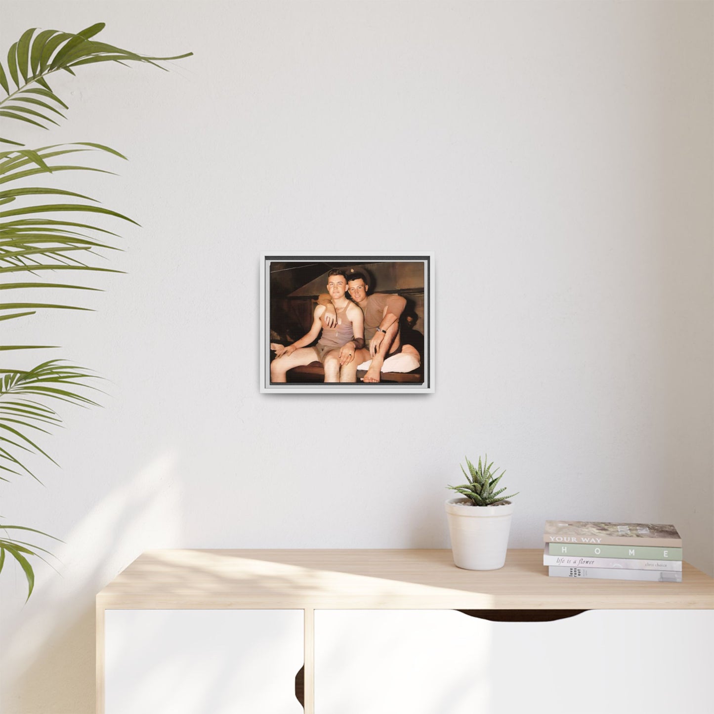 Barracks, Oahu. This framed canvas print honors LGBTQ+ history, military camaraderie, and timeless love, making it a unique and meaningful piece for collectors and history enthusiasts.