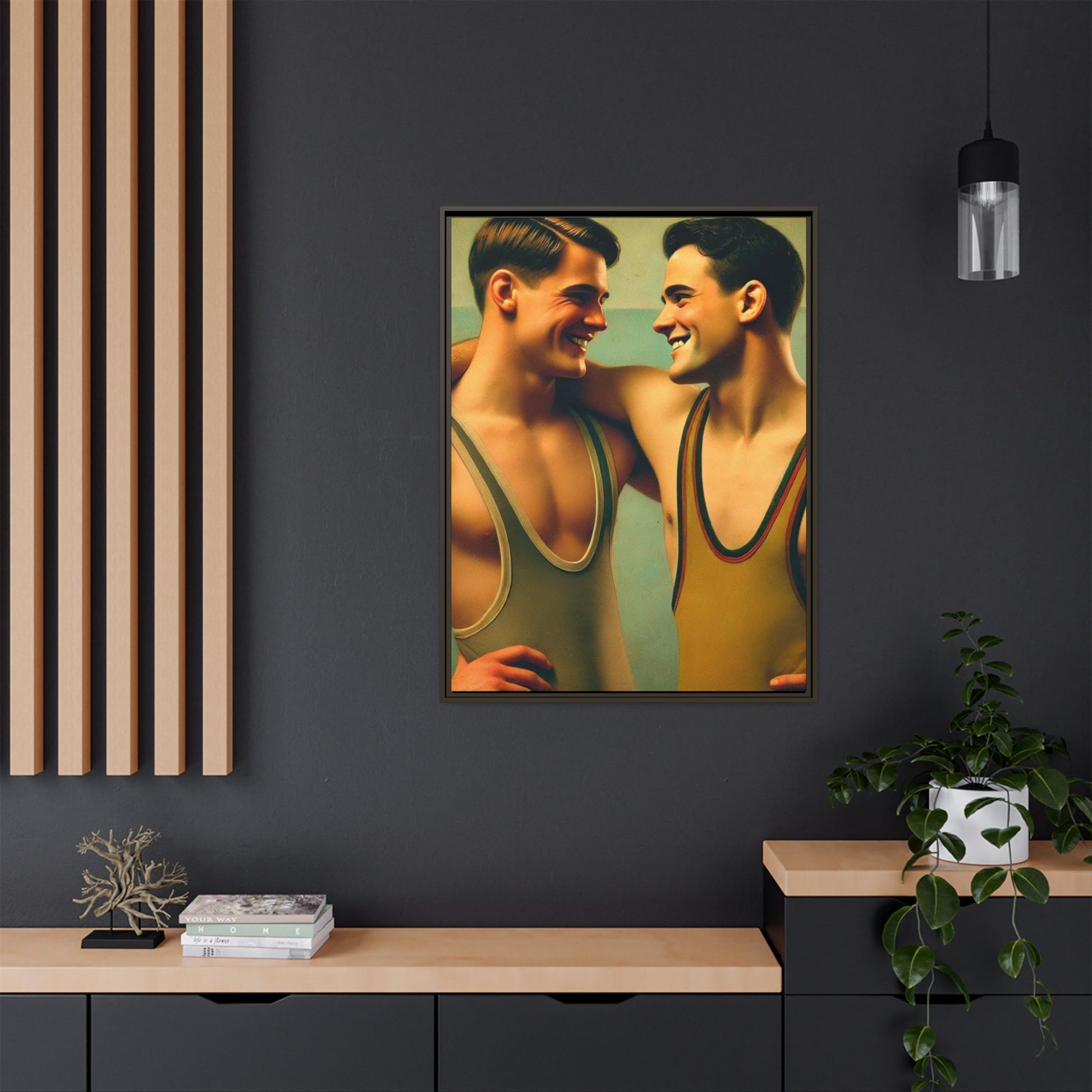 Framed artwork of two young wrestlers in vintage singlets sharing a candid moment, inspired by Grant Wood's Regionalist art style.