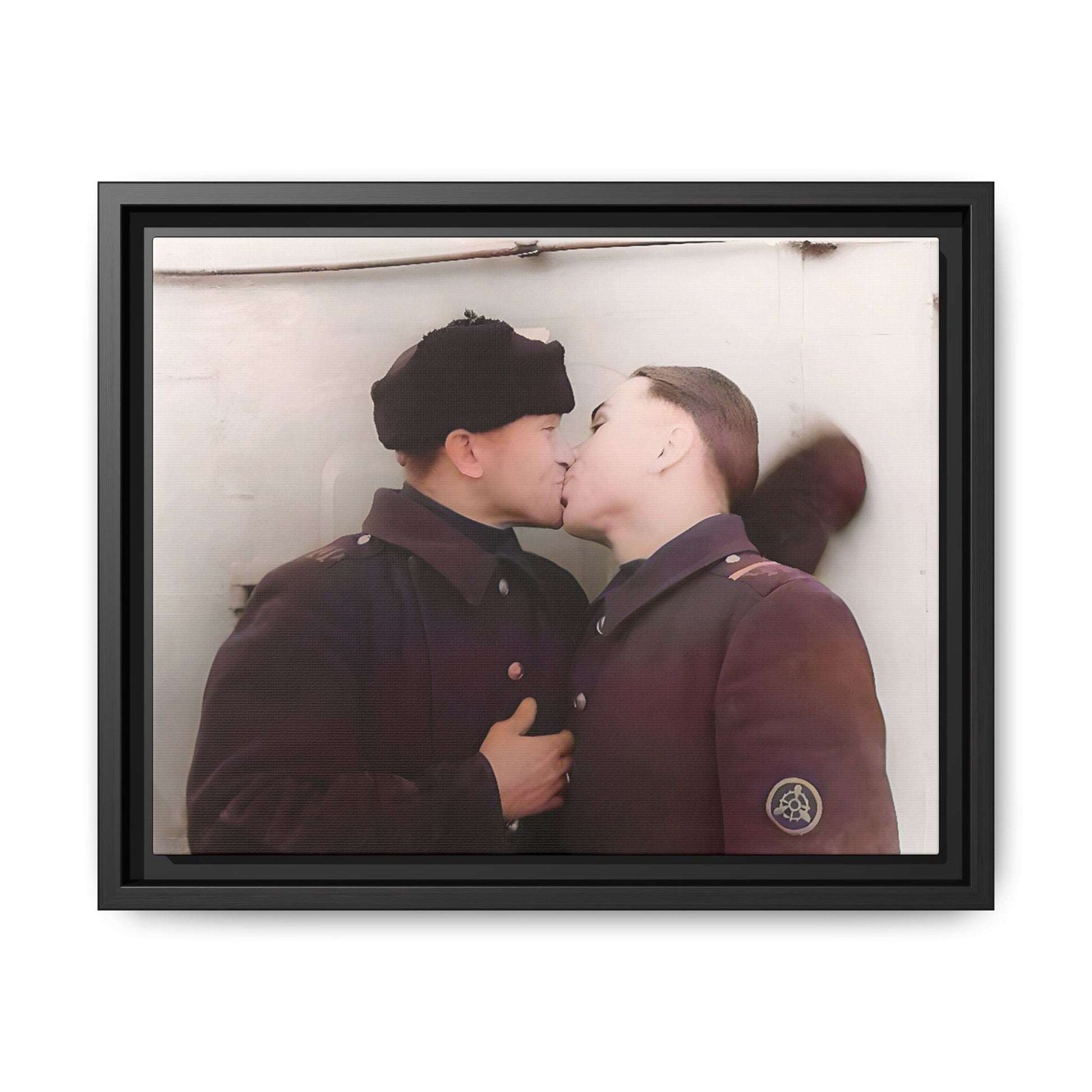 A restored vintage photograph of two Russian soldiers in uniform sharing an intimate moment at a military outpost in Surgut, Russia. Their embrace reflects resilience, love, and defiance against societal norms, making this a powerful tribute to LGBTQ+ history and wartime romance. Винтажное фото | гей-пара