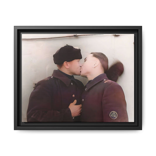 A restored vintage photograph of two Russian soldiers in uniform sharing an intimate moment at a military outpost in Surgut, Russia. Their embrace reflects resilience, love, and defiance against societal norms, making this a powerful tribute to LGBTQ+ history and wartime romance. Винтажное фото | гей-пара