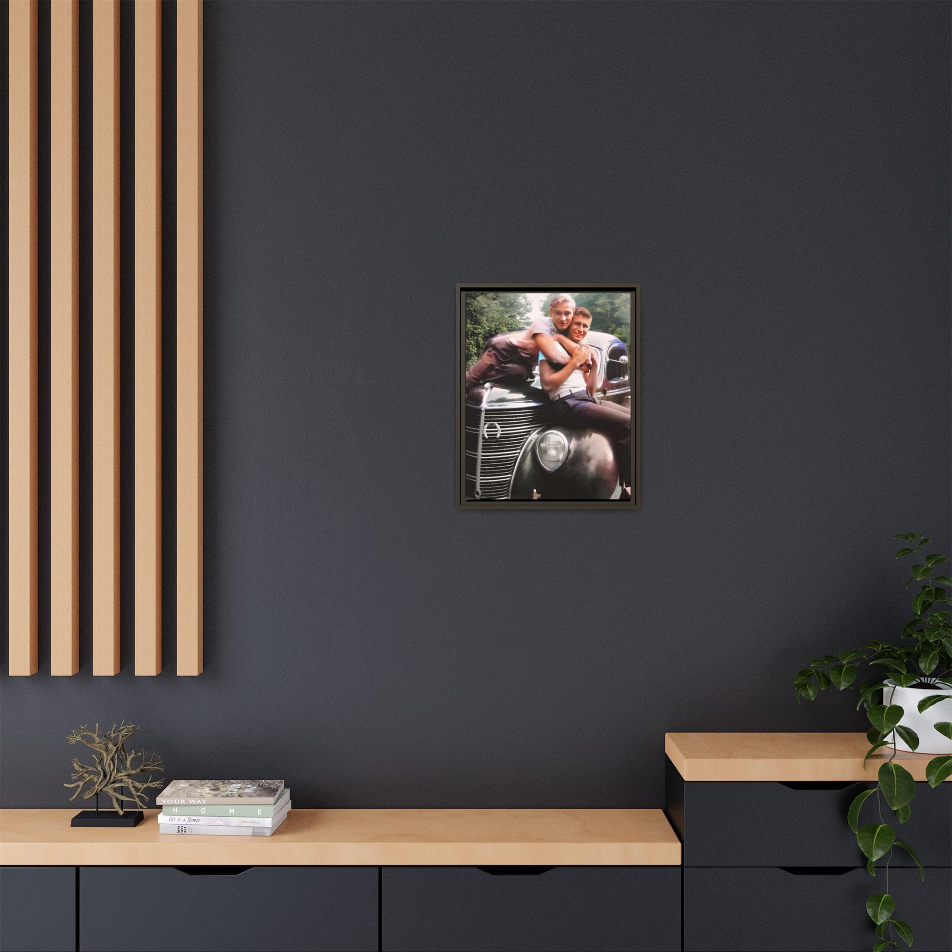 Vintage LGBTQ+ love portrait of Kent & Jamie in Watkins Glen, NY. A nostalgic moment on a classic car, now a museum-quality matte canvas print with handcrafted frame options. Perfect for collectors and those celebrating LGBTQ+ history. Gay Couple