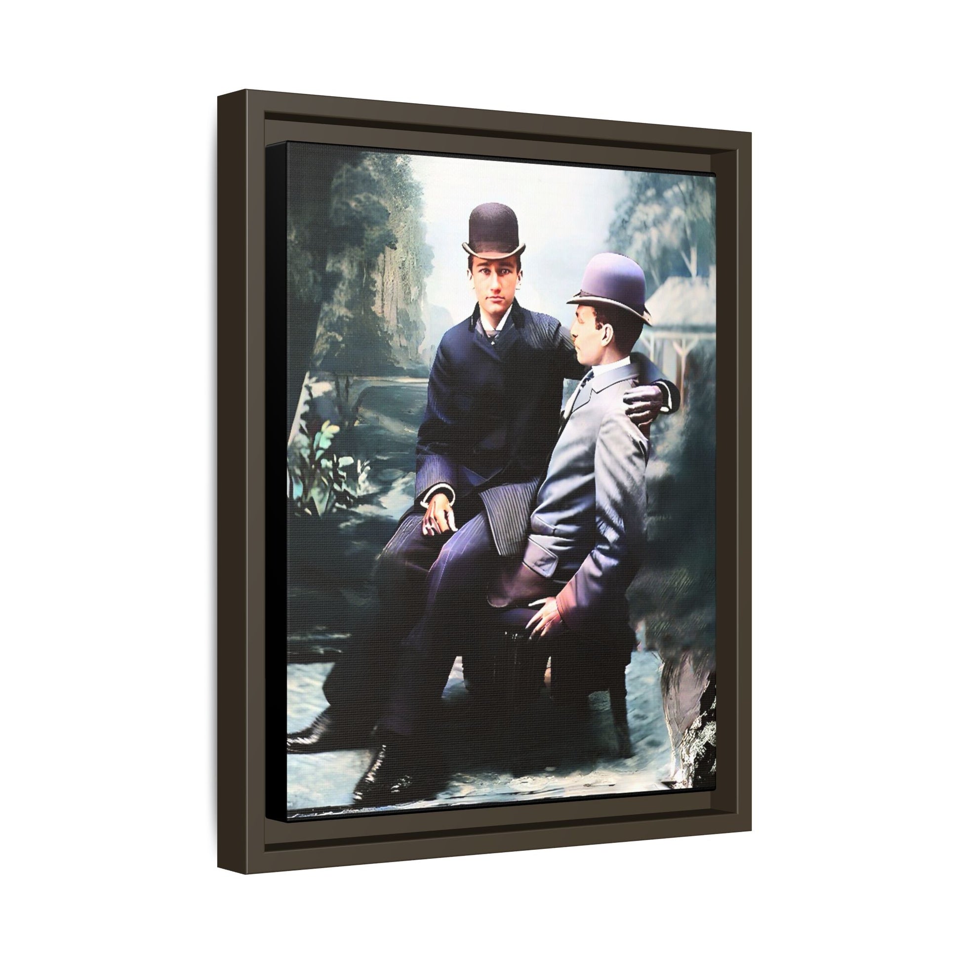 Restored 1800s photo of Cash & Arwood, Irish gay couple in loving pose, framed canvas print