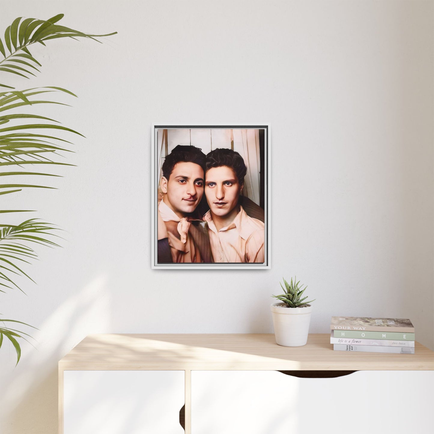 A framed vintage photo booth portrait on matte canvas featuring Juan and Lawrence in Santa Monica, California, capturing timeless LGBTQ+ love and companionship. Gay Couple