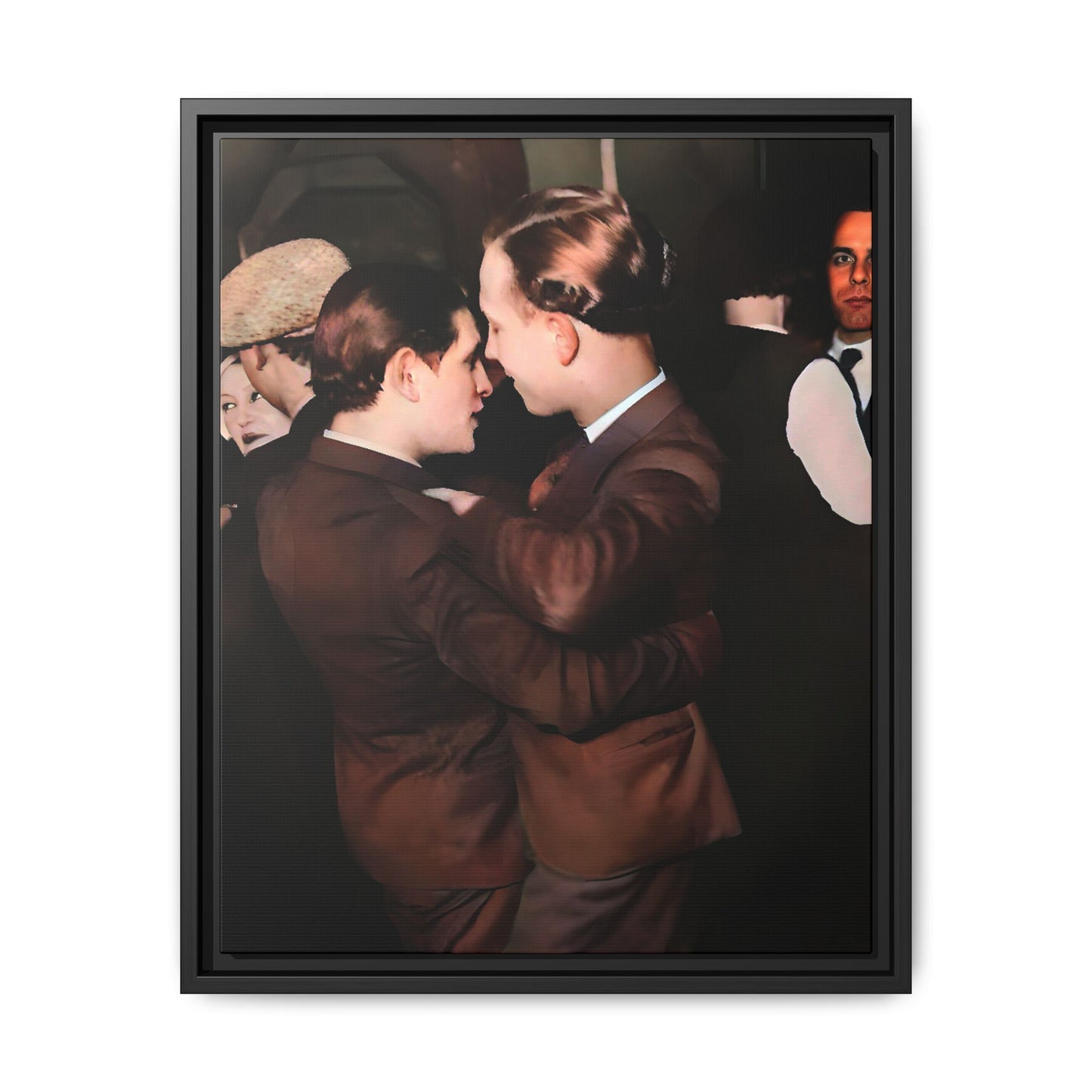 Vintage Gay dance portrait of Bernard & Leroy at an Atlanta soirée. Their embrace reflects timeless love and authenticity. A framed matte canvas print celebrating history, romance, and the elegance of shared moments.
