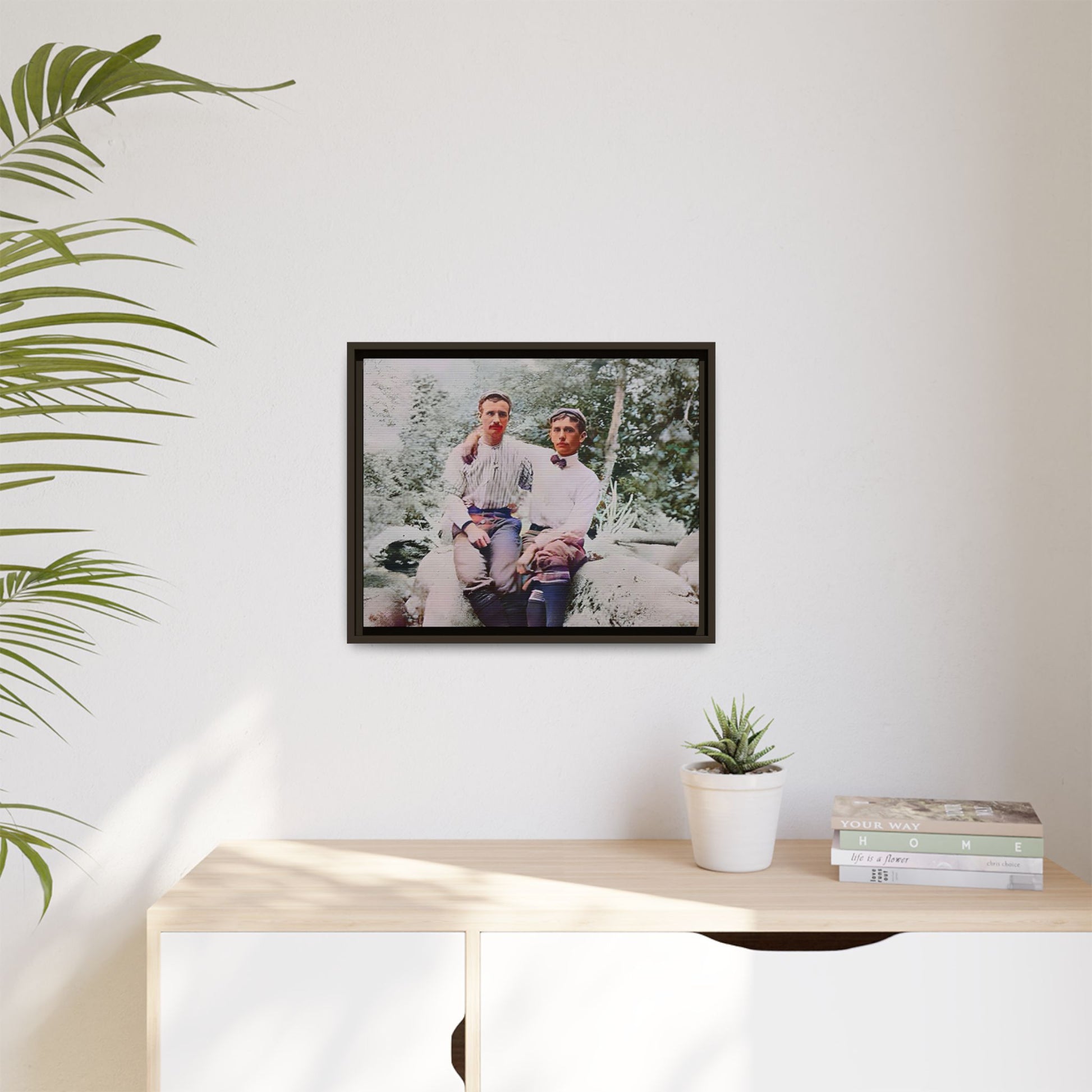 A framed vintage love portrait on matte canvas featuring Grover and Emil in Villamont, Virginia, capturing timeless LGBTQ+ connection and companionship. Gay Couple