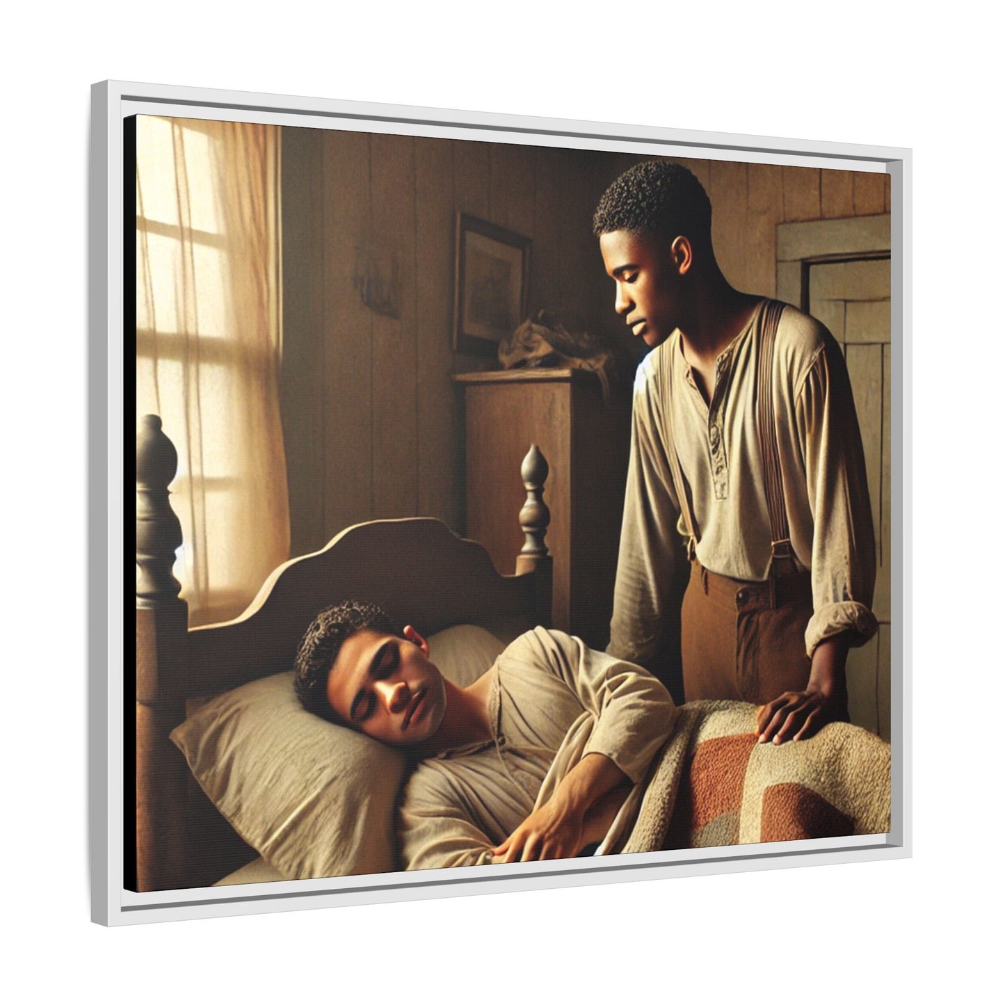 Grant 007 artwork depicting an African-American queer couple in a tender, intimate moment within a rustic bedroom. This scene, bathed in warm, nostalgic light, captures the love and quiet resilience of rural life, celebrating LGBTQ+ representation and African-American heritage.