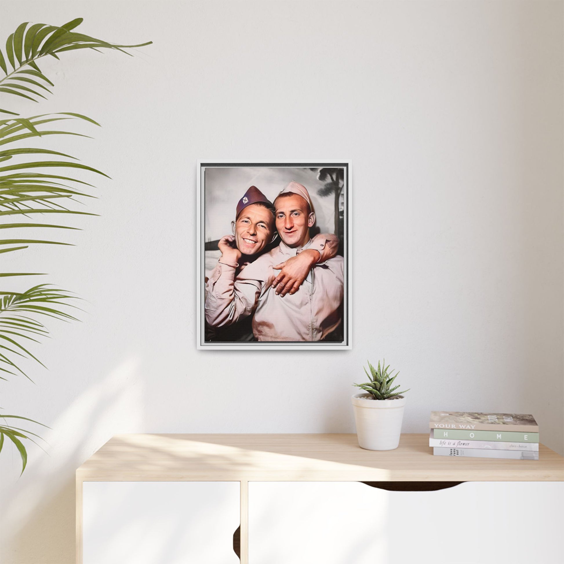 A framed vintage photo on matte canvas featuring a heartfelt portrait of a military couple at Fort Jackson, South Carolina, celebrating love and resilience in history.