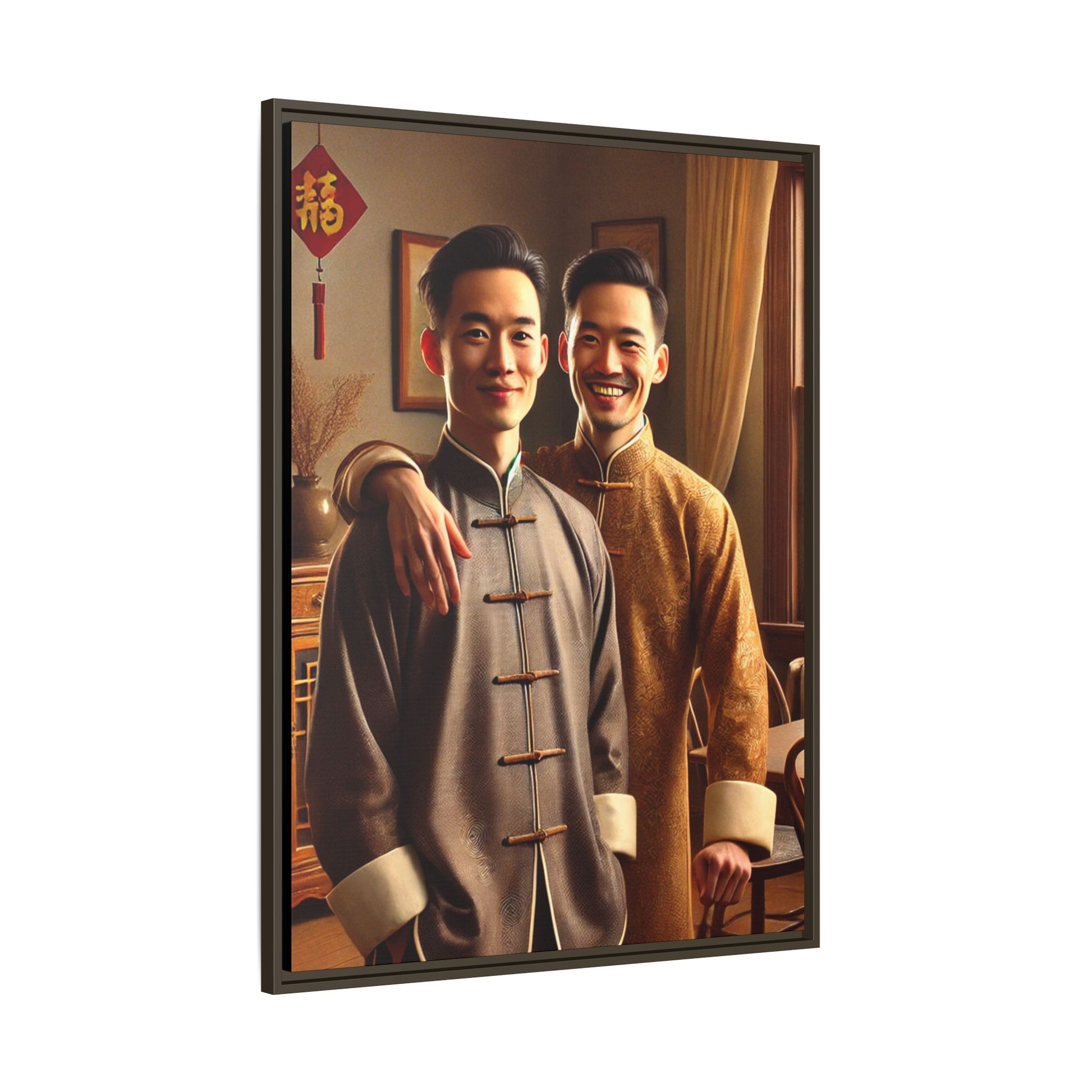 Artwork featuring a joyful portrait of a Chinese queer couple celebrating Chinese New Year in traditional attire. Set in a cozy American home adorned with subtle decorations, this image captures love, cultural pride, and warmth, blending Chinese heritage with a Midwestern setting