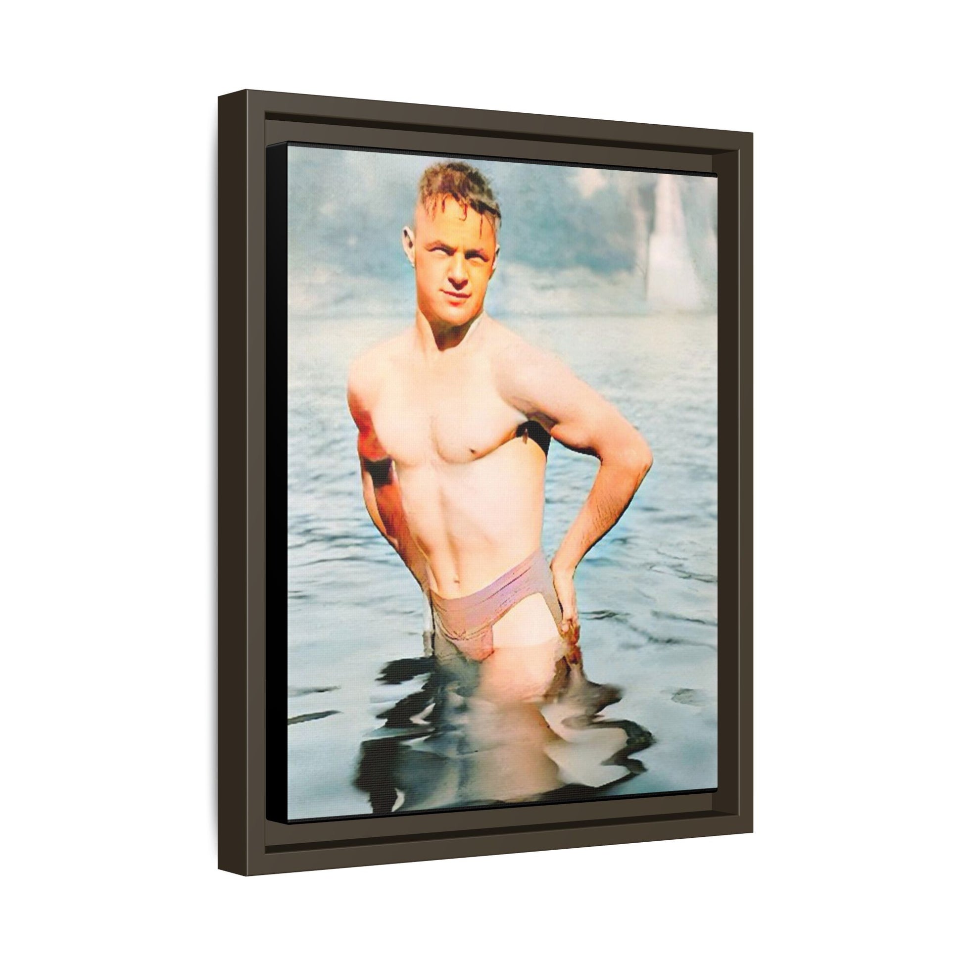 Restored 1940s vintage photo of Lewis standing waist-deep in Lake Wawasee, Indiana, radiating confidence and vitality, framed as wall art.