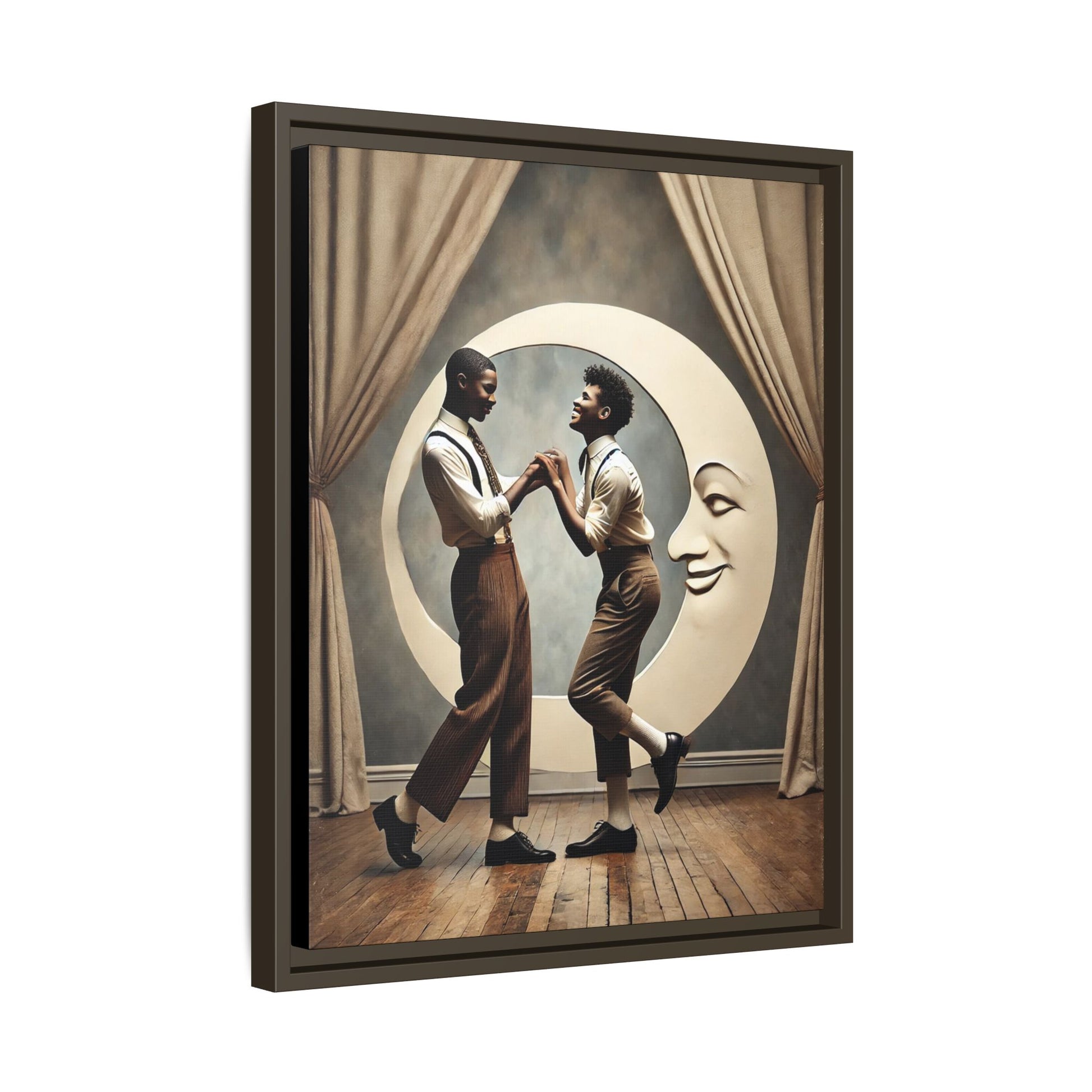 Two joyful young Black men dressed in 1920s fashion dancing in front of a crescent moon prop with a smiling face. This artwork reclaims erased queer love, offering a whimsical and powerful celebration of Black LGBTQ+ youth and history.