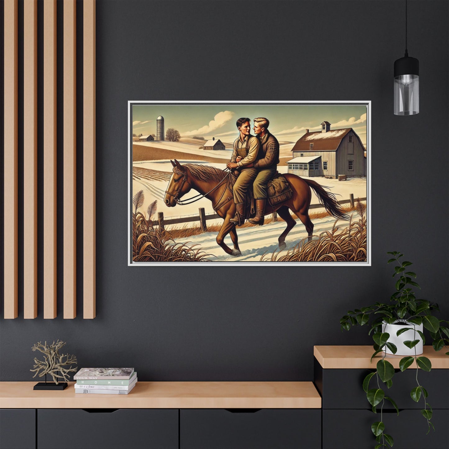 Artwork of a gay couple sharing a tender moment while seated together on a single horse in a snowy, rural Midwestern landscape. Dressed in early 20th-century attire, the men gaze at each other warmly, capturing love, resilience, and companionship in a serene 1930s-inspired American scene