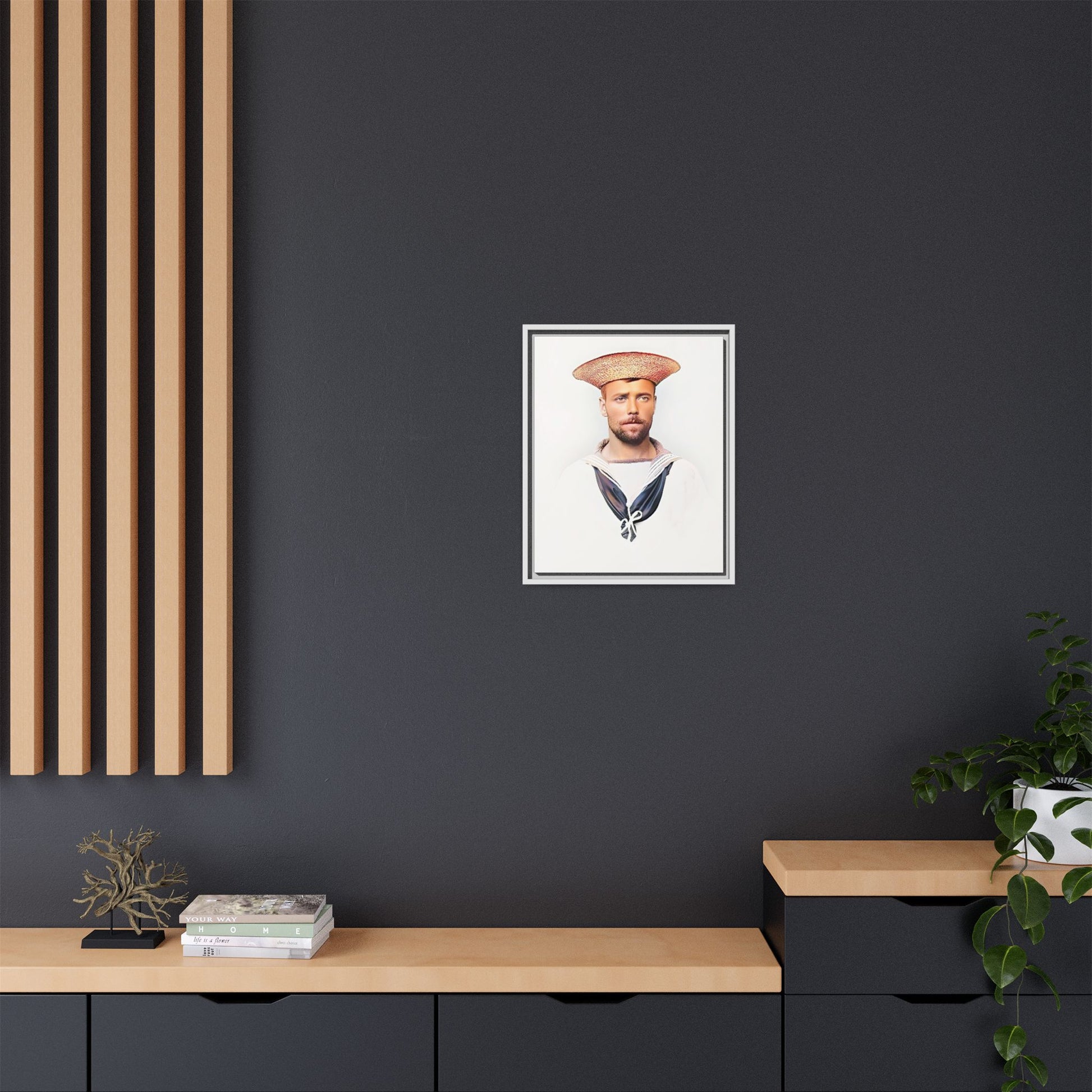 A restored vintage portrait of Elijah, a British sailor in Weihaiwei, China. This framed matte canvas honors naval history, tradition, and duty.