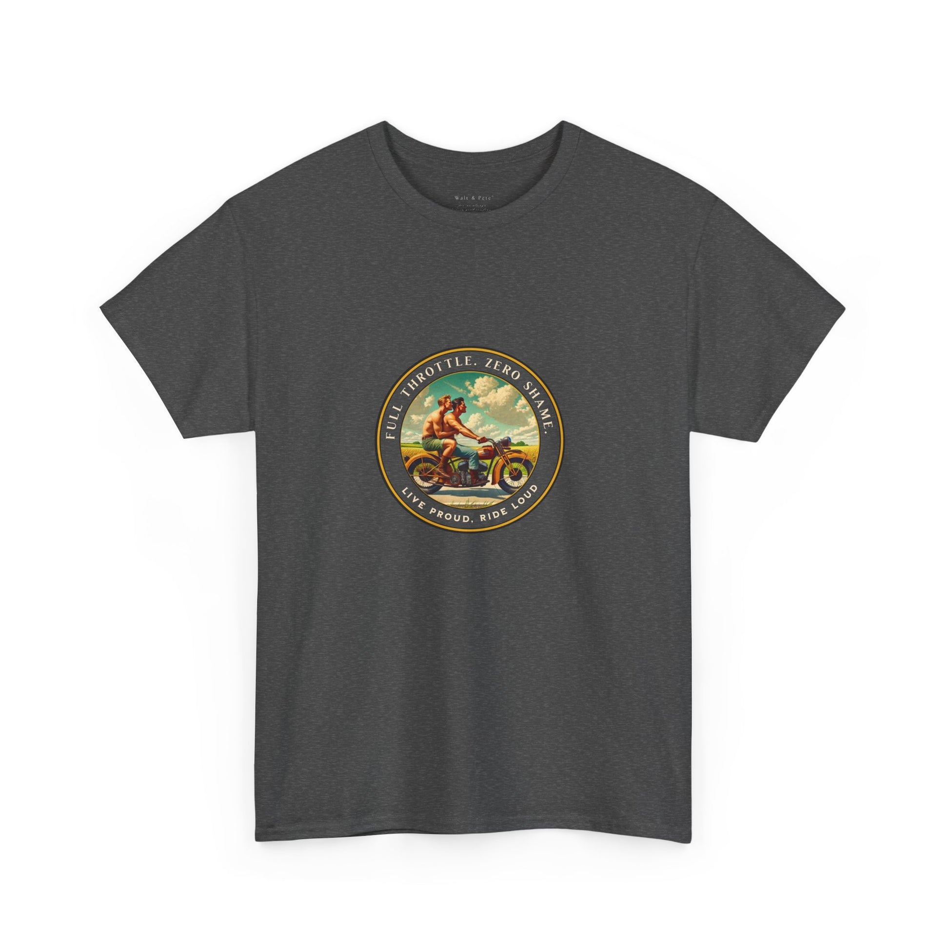 Celebrate queer Latinx pride with this bold vintage-inspired t-shirt from Walt & Pete®. Featuring two shirtless Latino men riding a motorcycle beneath the empowering text “Full Throttle. Zero Shame” and “Live Proud. Ride Loud,” this shirt honors LGBTQ+ love, freedom, and fearless self-expression.