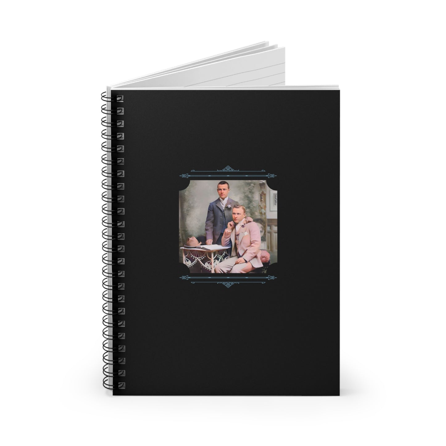 gay couple in suits notebook, vintage love journal, retro LGBTQ stationery, elegant gay romance, spiral notebook