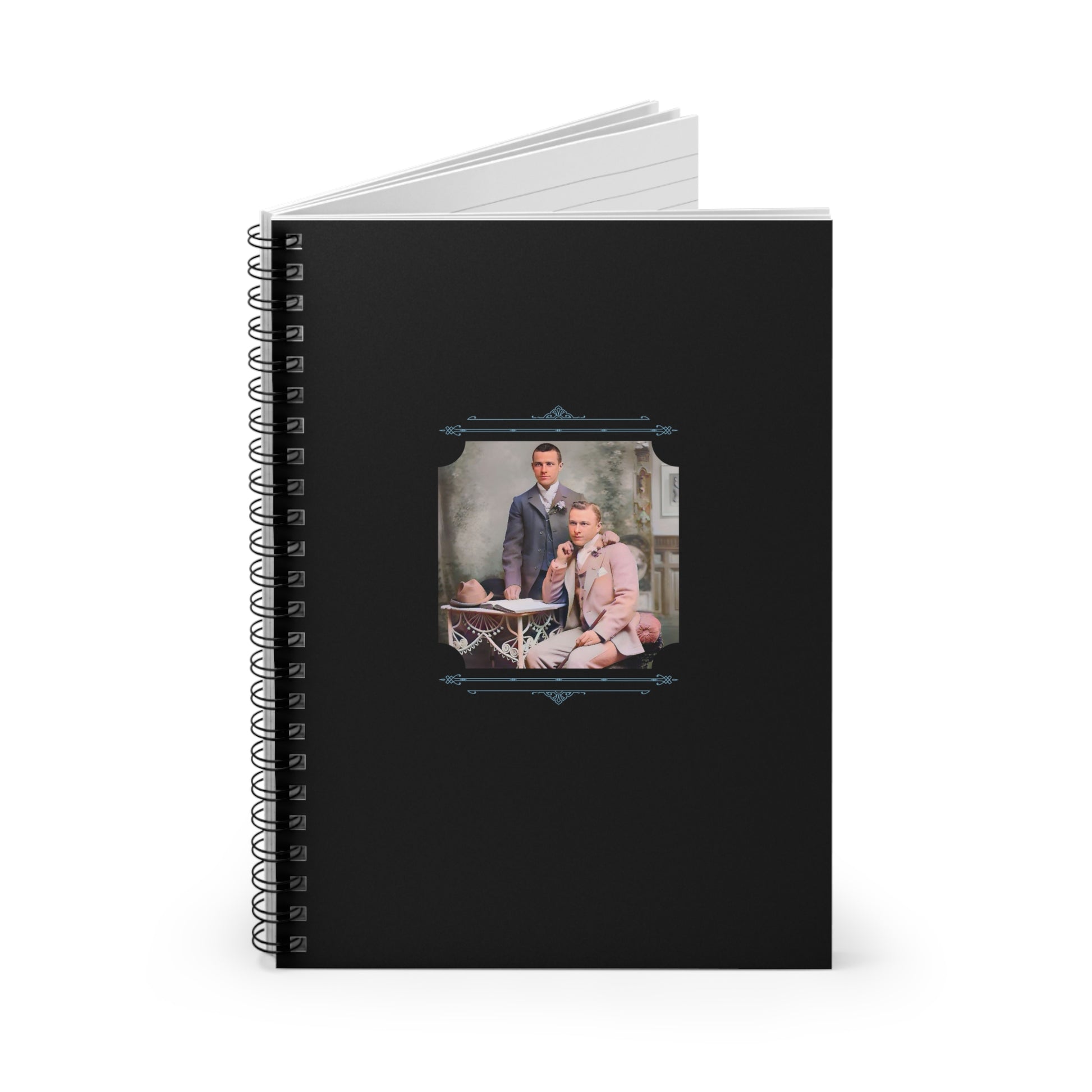 gay couple in suits notebook, vintage love journal, retro LGBTQ stationery, elegant gay romance, spiral notebook