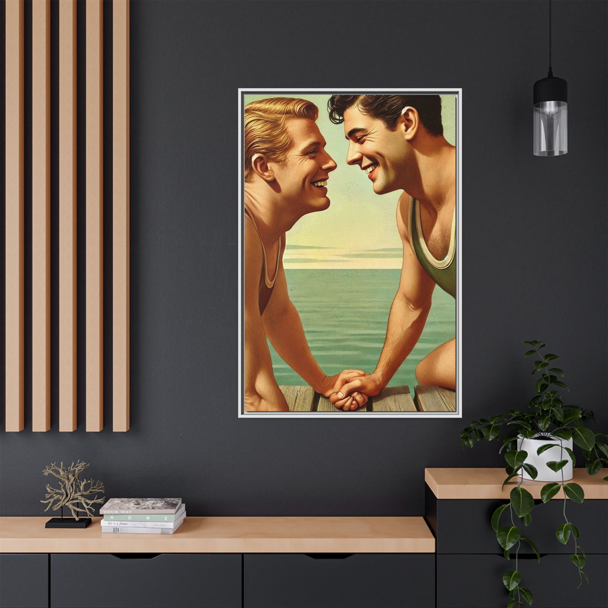 Vintage-style artwork of a joyful 1930s moment between a gay couple by the lake, dressed in classic swimwear and sharing warm smiles. Set on a serene wooden dock, this piece captures love, companionship, and LGBTQ+ history in an idyllic, nostalgic summer setting.