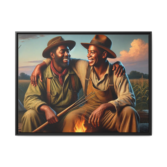 Artwork of an older African-American queer couple sharing a warm, joyful moment by a campfire in rural Iowa. Set against vast fields and an open sky, the scene captures love, resilience, and the nostalgic beauty of Americana, with firelight illuminating their laughter and companionship