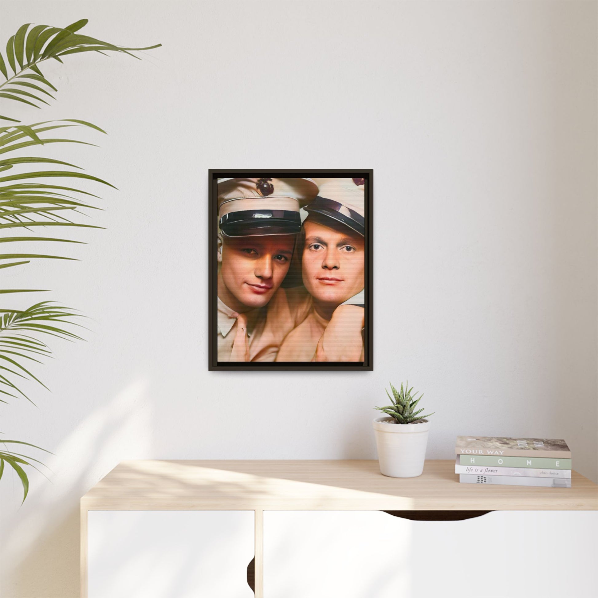 Restored vintage photograph of Paul and Ralph, an early 20th-century LGBTQ+ military couple from Camp Atterbury, Indiana. Framed matte canvas print celebrating love, courage, and LGBTQ+ history. Gay Couple Photo Booth