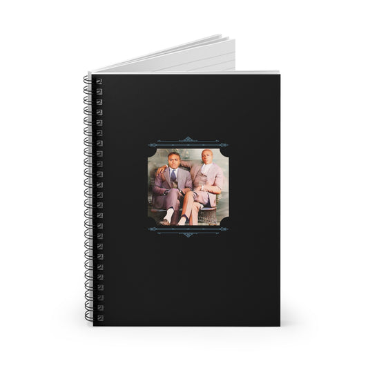 Black cover notebook showcasing a colorized vintage portrait of a stylish Black gay couple seated together