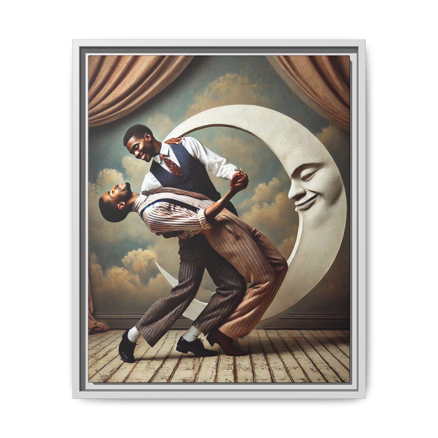 Framed artwork of two Black men in vintage suits dancing tenderly beneath a crescent moon with a smiling face. A romantic 1920s-inspired scene with velvet curtains and a painted sky backdrop. Part of a collection reclaiming lost queer Black history and art.