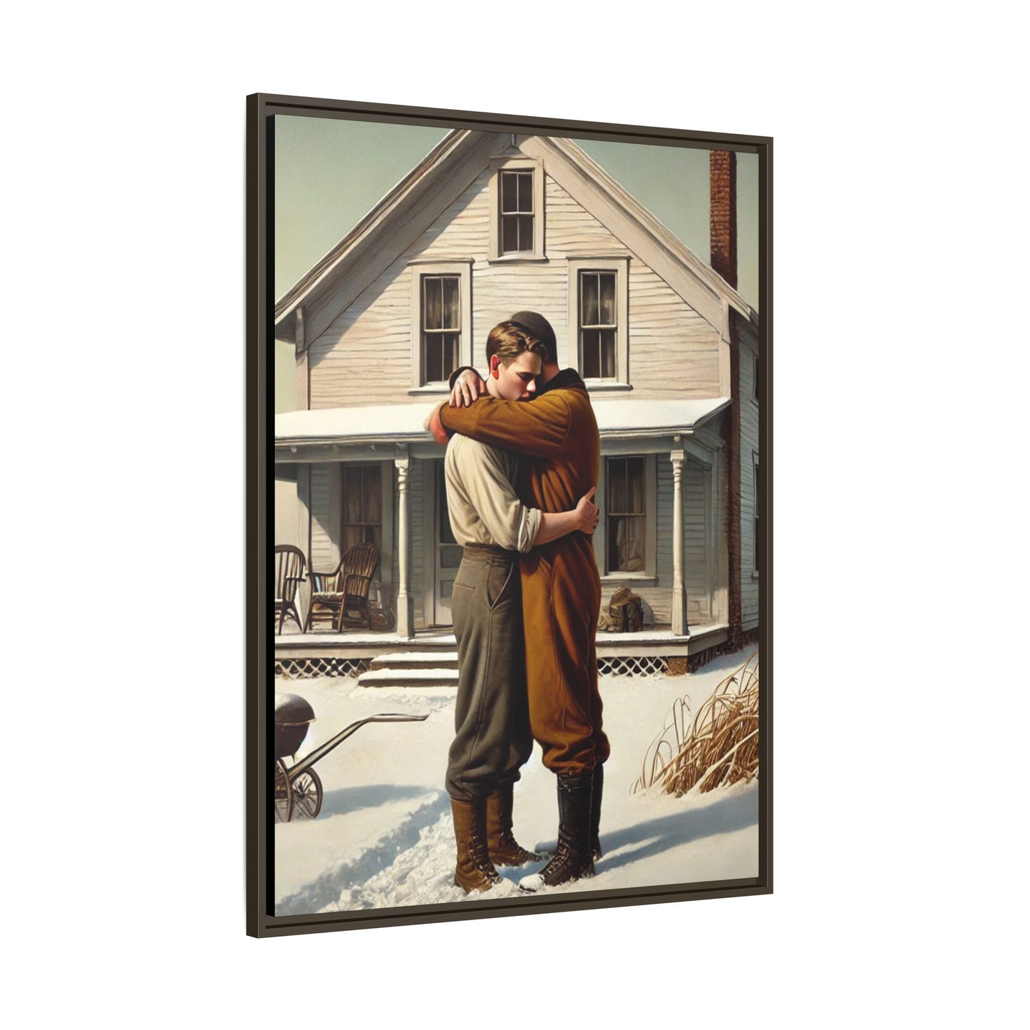 Artwork of a tender moment between a gay couple embracing outside a farmhouse in a snowy, rural landscape. Dressed in vintage attire, the two men find warmth and comfort in each other’s arms, capturing love and connection in a serene, Americana winter setting