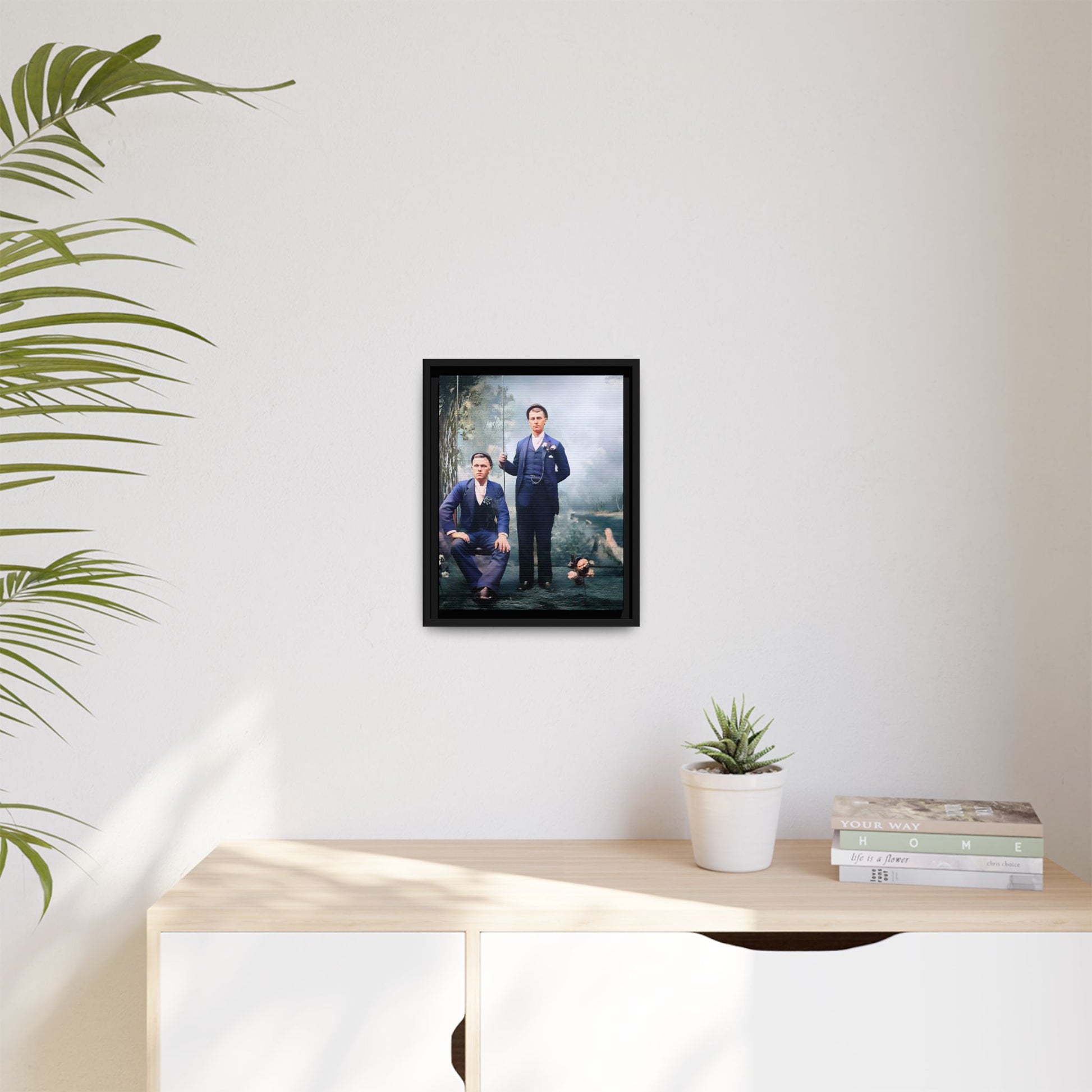 A restored vintage portrait of David & Earnest in Monongahela City, Pennsylvania. This framed matte canvas honors LGBTQ+ history, elegance, and enduring love. Gay Couple