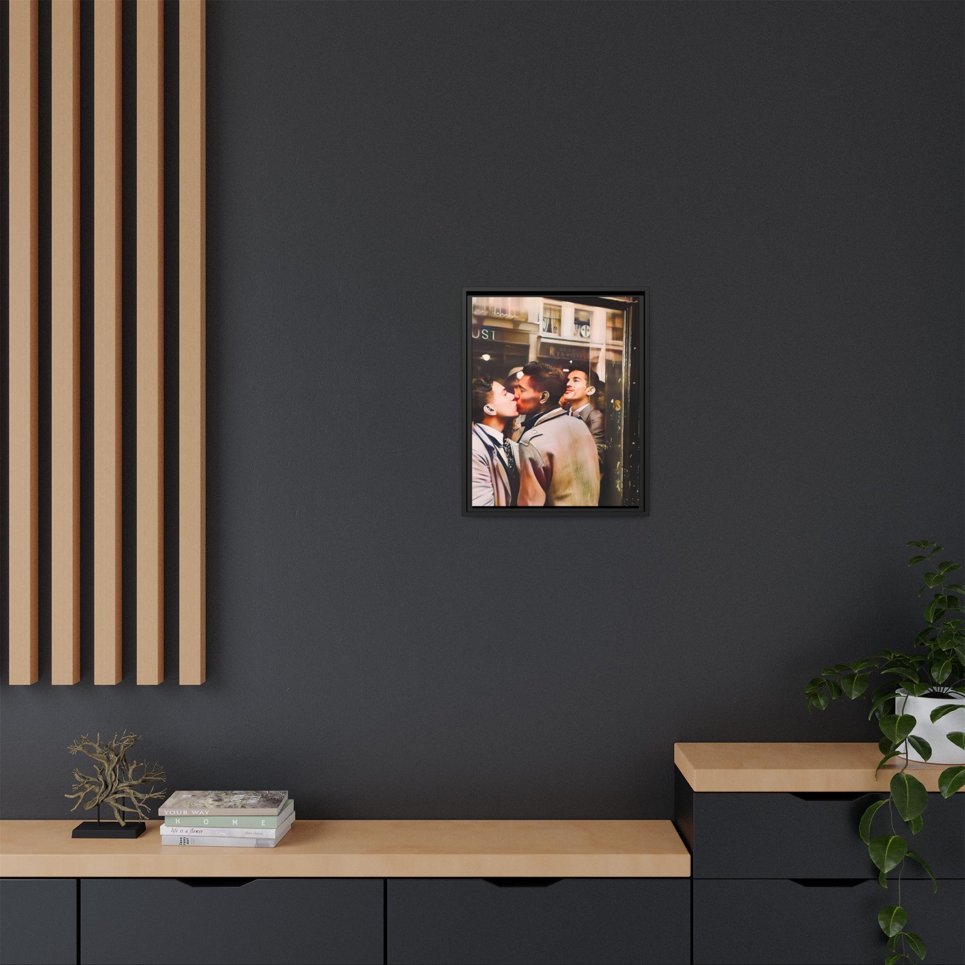 A restored 1950s LGBTQ+ couple portrait of Alejandro & Lorenzo at Mayfair Bar, NYC. A romantic queer history print on matte canvas, capturing love, resilience, and authenticity in a vibrant nightlife setting.