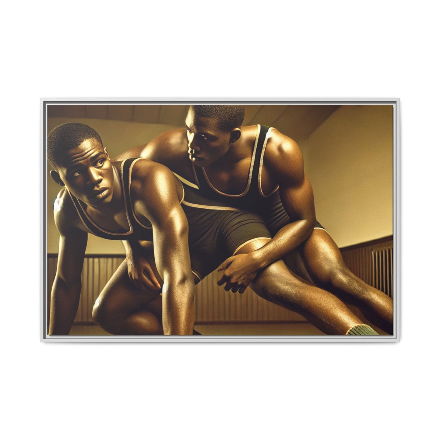 Framed artwork inspired by Grant Wood, showcasing African-American wrestlers in a vintage gymnasium setting. A powerful tribute to teamwork, resilience, and regionalist art.