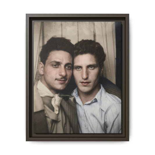 Historic photobooth image of two men in close portrait composition