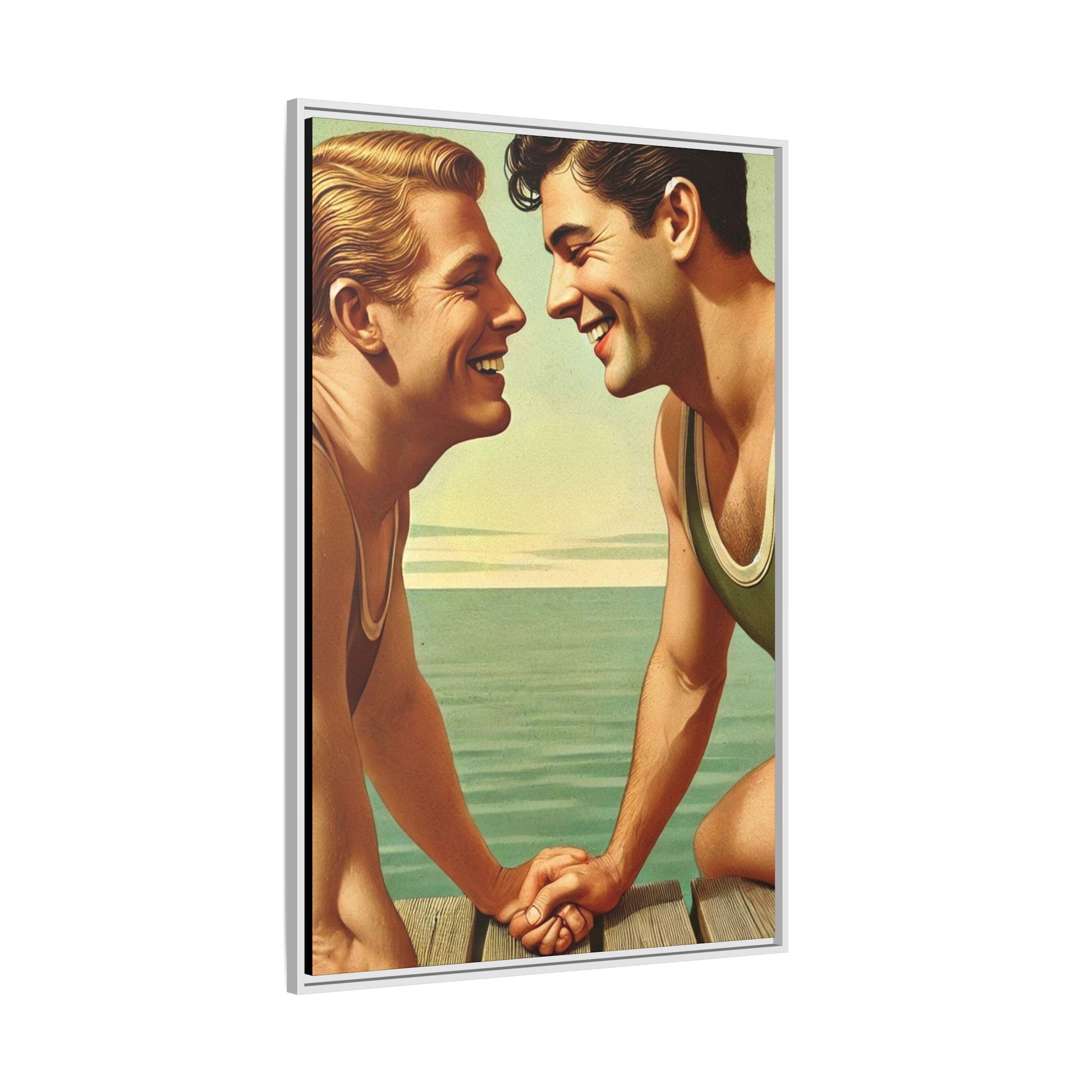 Vintage-style artwork of a joyful 1930s moment between a gay couple by the lake, dressed in classic swimwear and sharing warm smiles. Set on a serene wooden dock, this piece captures love, companionship, and LGBTQ+ history in an idyllic, nostalgic summer setting.