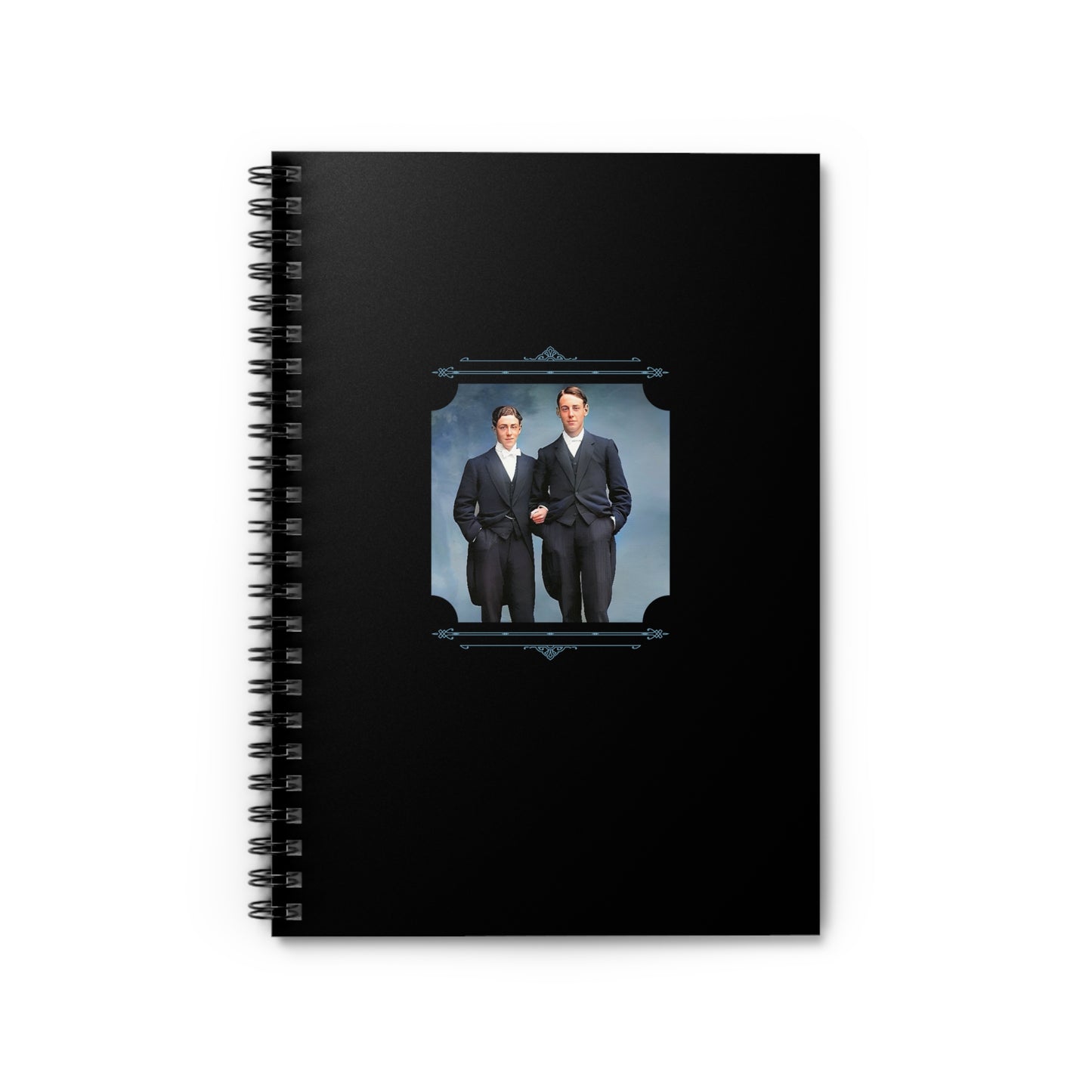 Spiral notebook featuring a vintage photo of a same-sex Edwardian couple posed in formal attire.