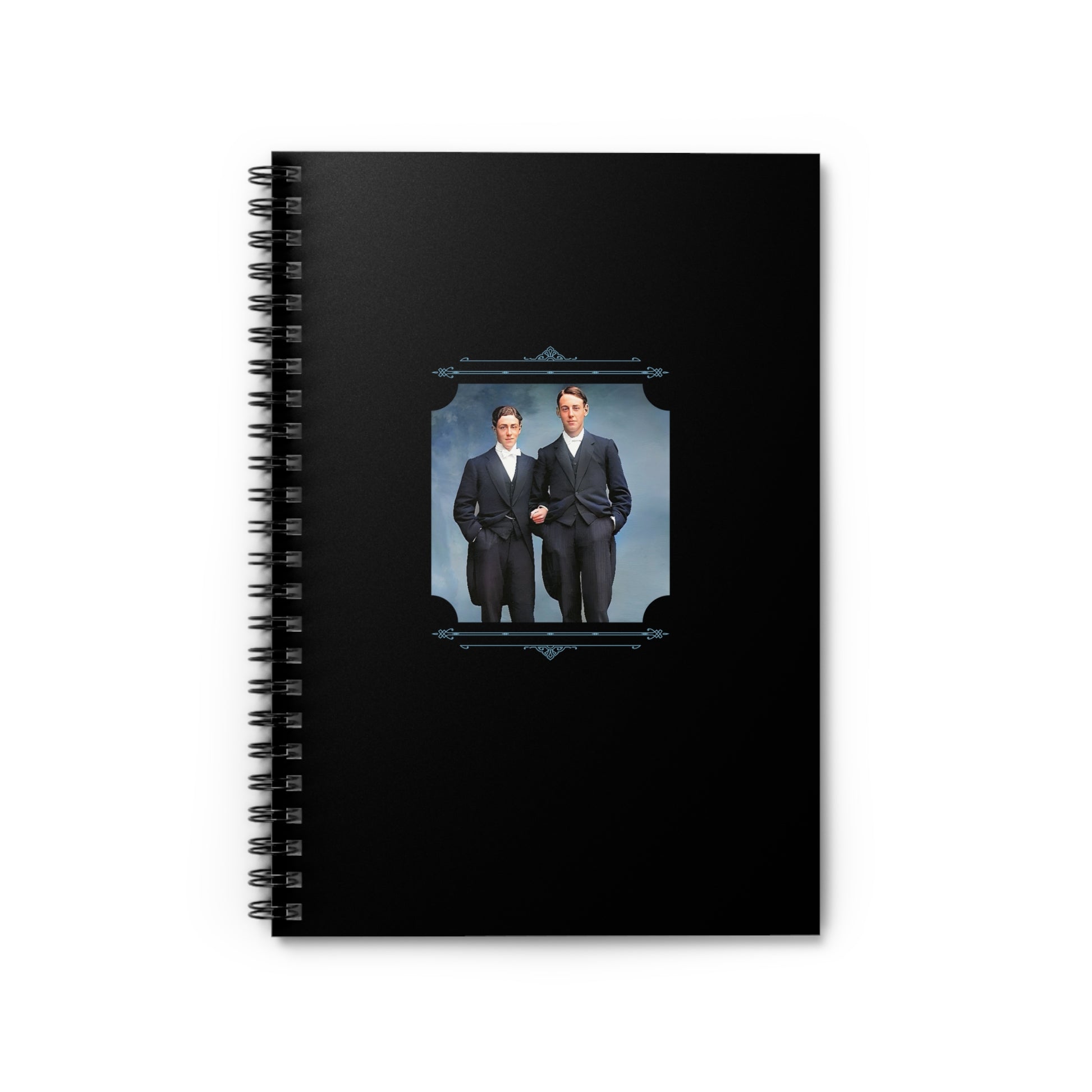 Spiral notebook featuring a vintage photo of a same-sex Edwardian couple posed in formal attire.