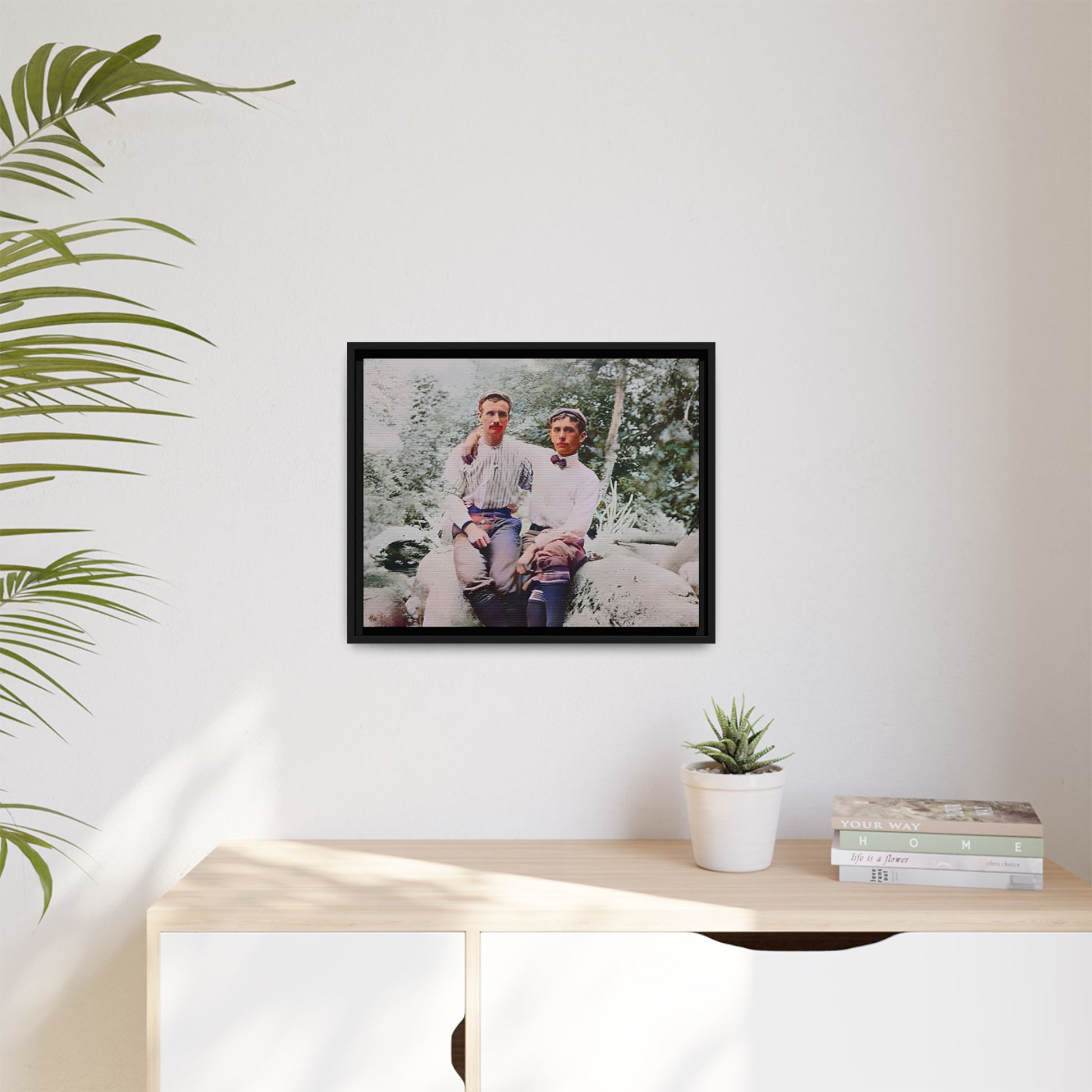 A framed vintage love portrait on matte canvas featuring Grover and Emil in Villamont, Virginia, capturing timeless LGBTQ+ connection and companionship. Gay Couple