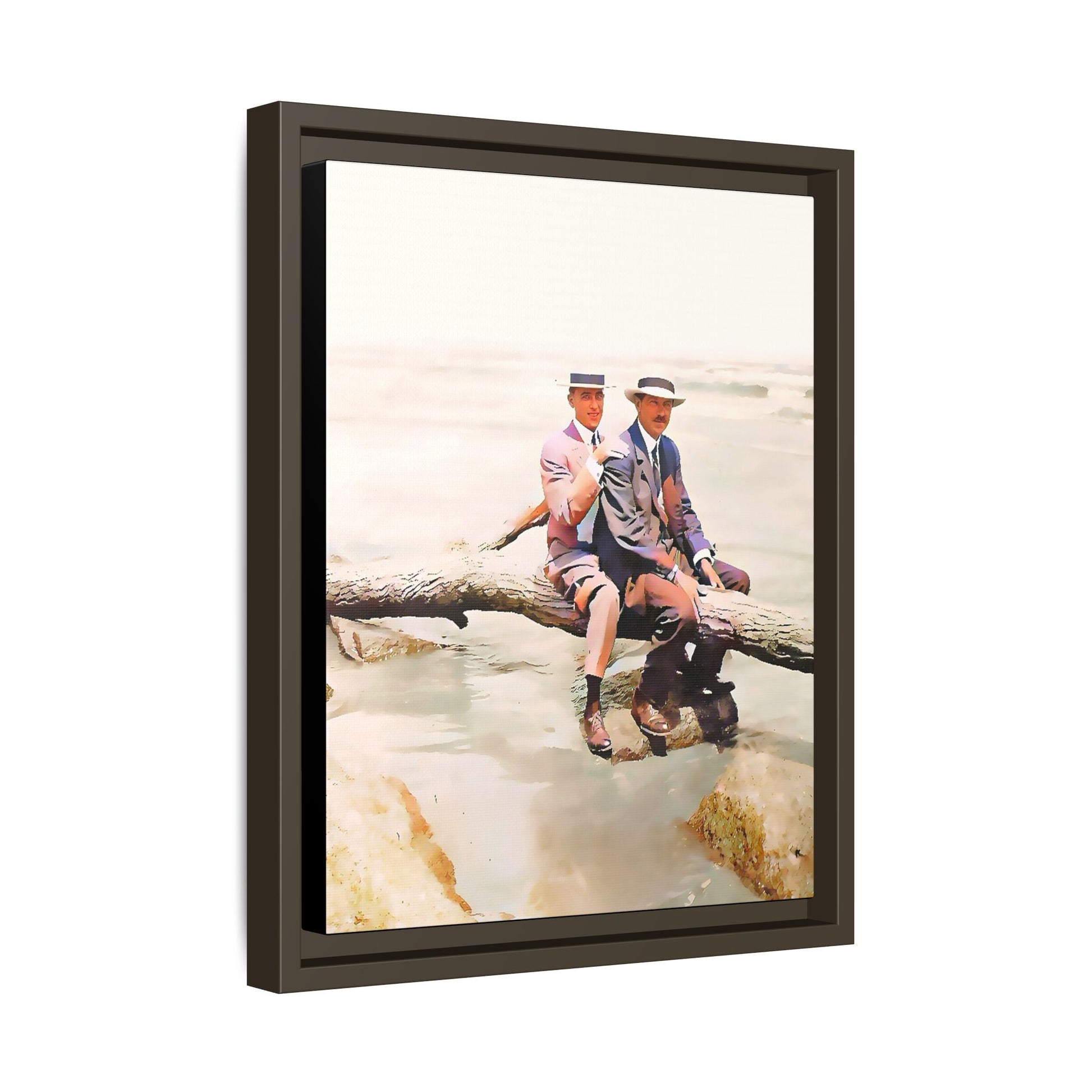 A restored vintage riverside portrait of Edward & Walter in Danbury, Connecticut. This framed matte canvas honors LGBTQ+ history, elegance, and timeless companionship. Gay Couple