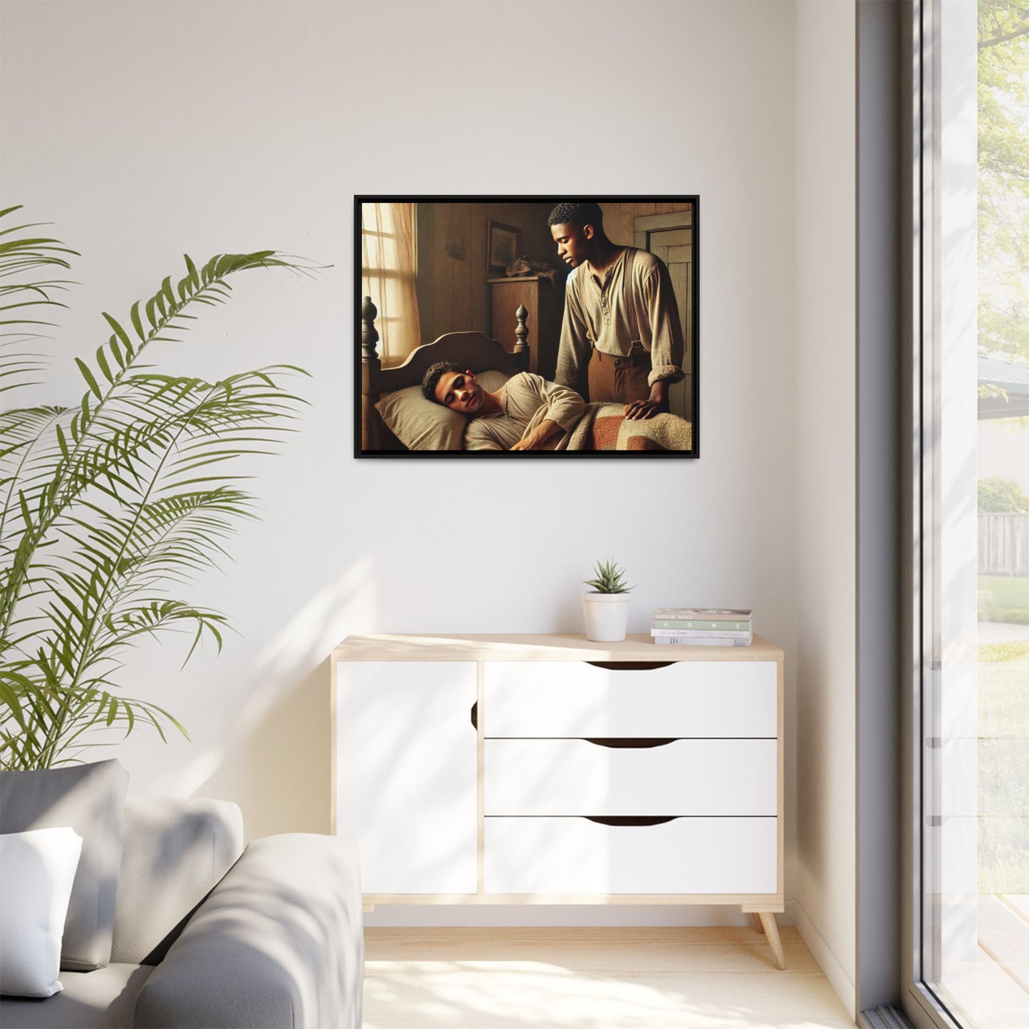 Grant 007 artwork depicting an African-American queer couple in a tender, intimate moment within a rustic bedroom. This scene, bathed in warm, nostalgic light, captures the love and quiet resilience of rural life, celebrating LGBTQ+ representation and African-American heritage.