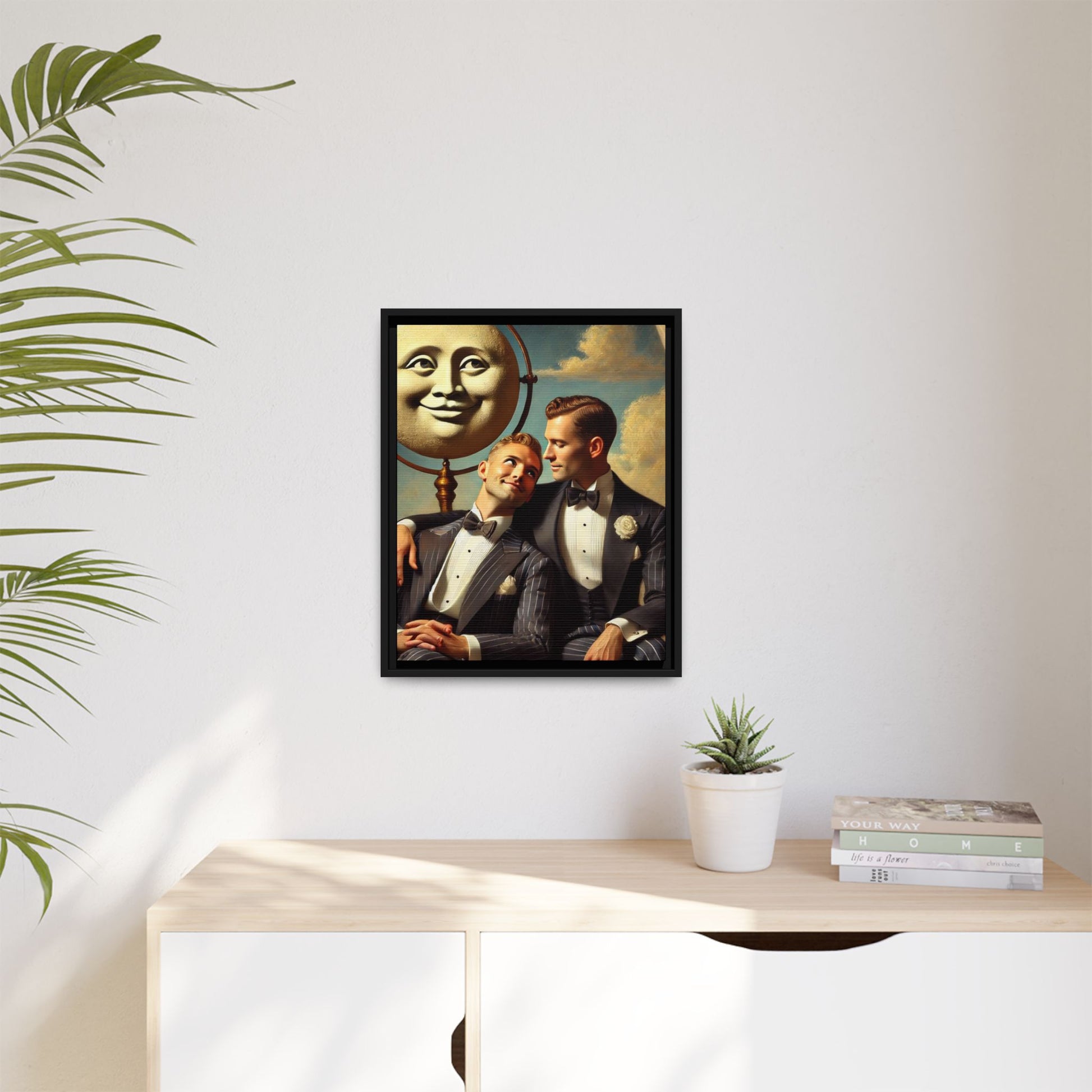 Framed matte canvas portrait featuring two young men in vintage overalls with a crescent moon prop above them. This artwork from the Missing Art Studies series reclaims LGBTQ+ imagery that may have been lost to bias, presenting warmth, intimacy, and presence.