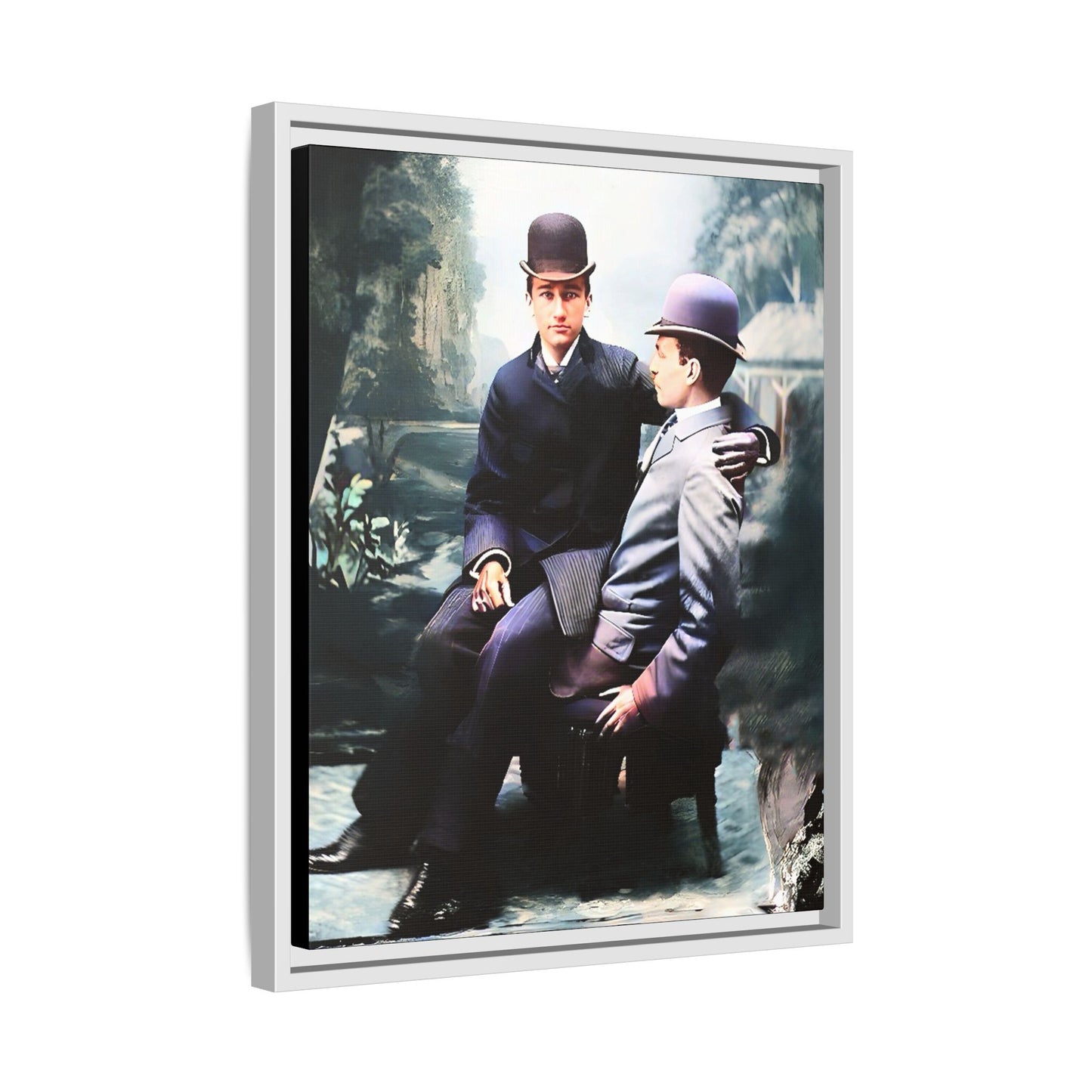 Restored 1800s photo of Cash & Arwood, Irish gay couple in loving pose, framed canvas print