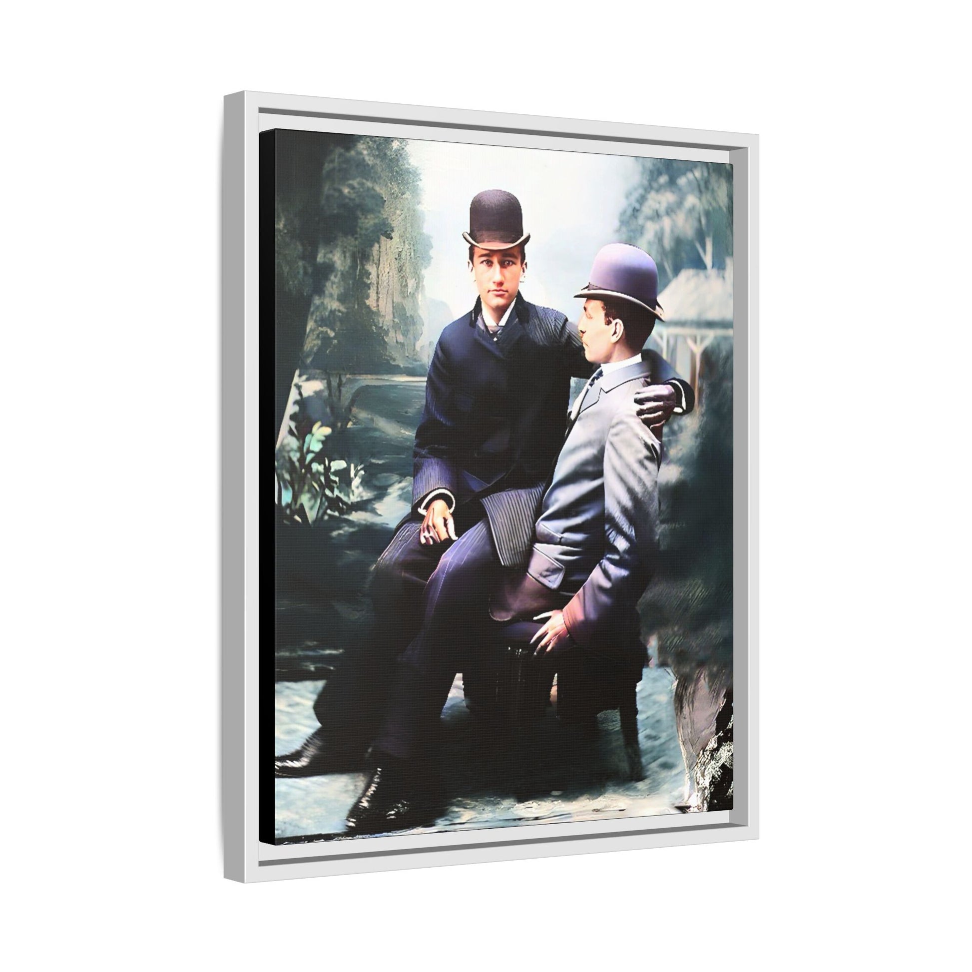 Restored 1800s photo of Cash & Arwood, Irish gay couple in loving pose, framed canvas print