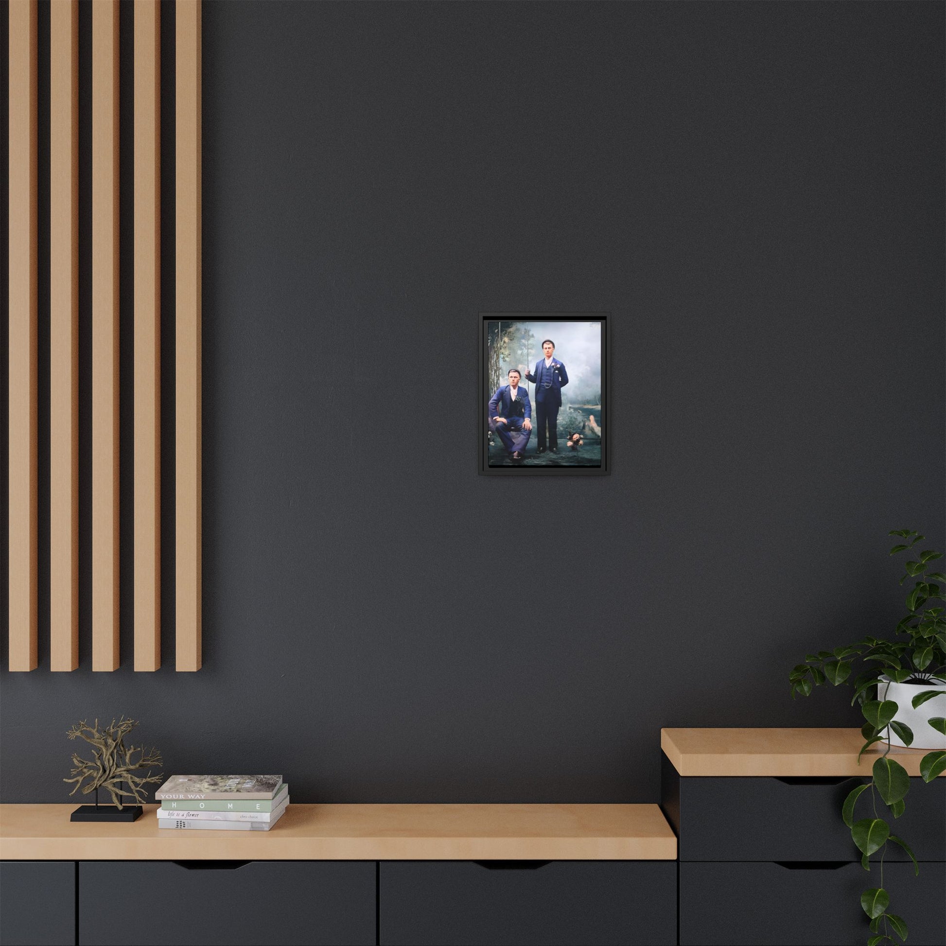 A restored vintage portrait of David & Earnest in Monongahela City, Pennsylvania. This framed matte canvas honors LGBTQ+ history, elegance, and enduring love. Gay Couple