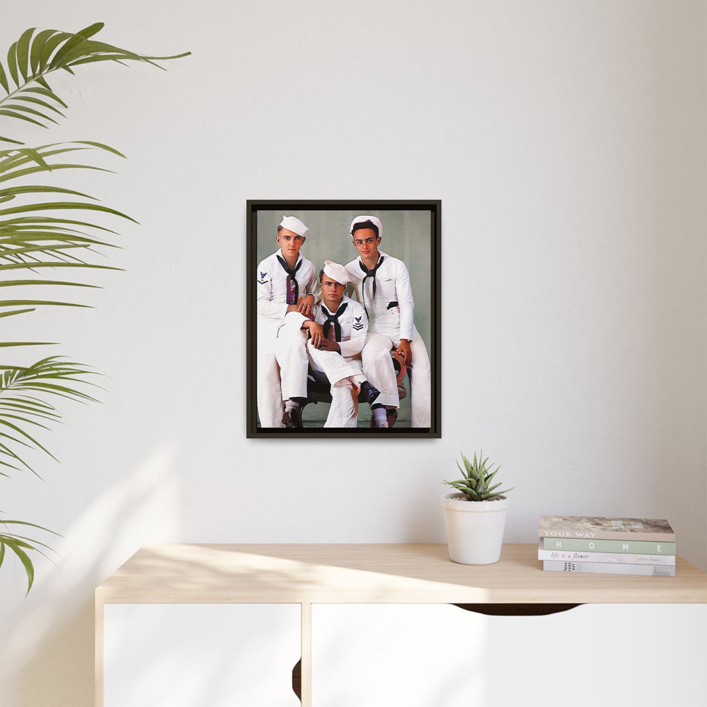 A restored vintage portrait of three sailors aboard the USS Alabama. This framed matte canvas honors naval history, camaraderie, and timeless service.