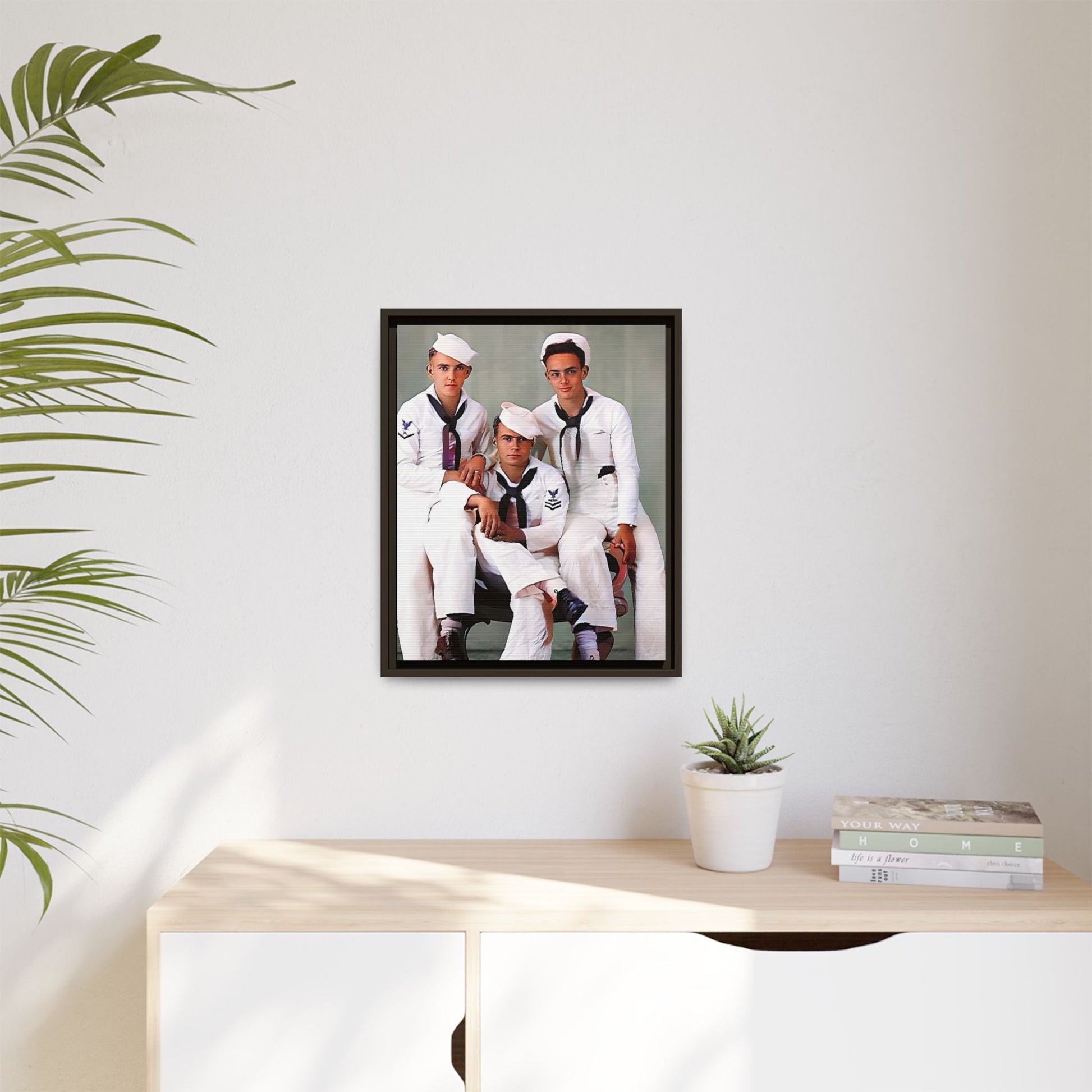 A restored vintage portrait of three sailors aboard the USS Alabama. This framed matte canvas honors naval history, camaraderie, and timeless service.