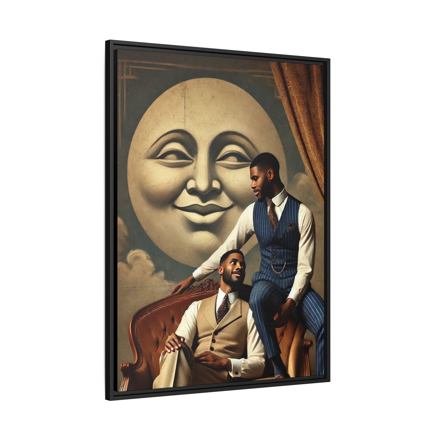 An elegant portrait of two Black men in vintage suits, seated affectionately beneath a smiling full moon. This 1920s-inspired artwork reclaims lost LGBTQ history, honoring Black queer love through style, softness, and resilience.